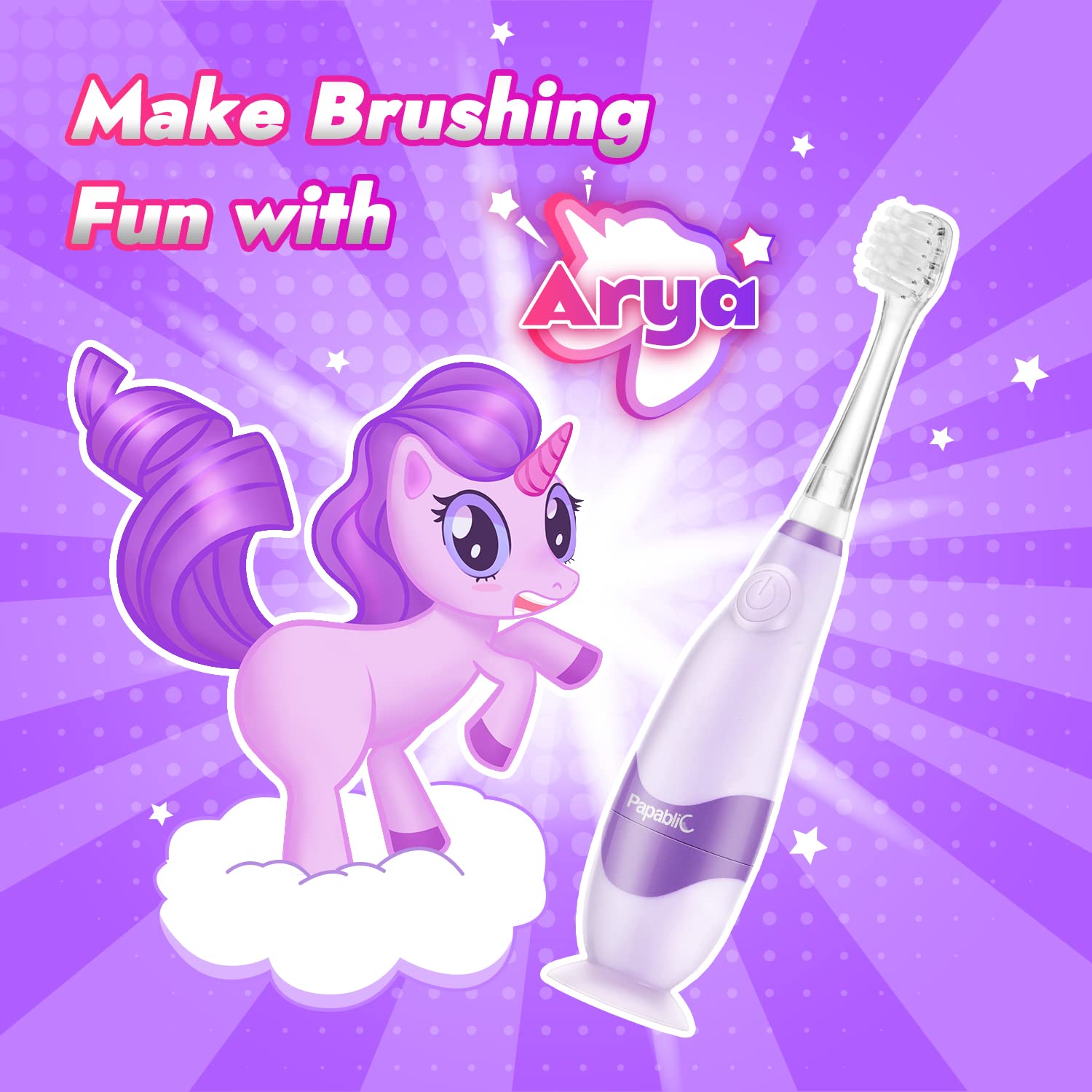 Papablic Sonic Electric Toothbrush for Toddlers Ages 1-3 | Kids Electric Toothbrush with Unicorn Cover, Smart LED Timer & 4 Brush Heads (Arya) | Perfect for Early Dental Care & Fun Bath Time Routine