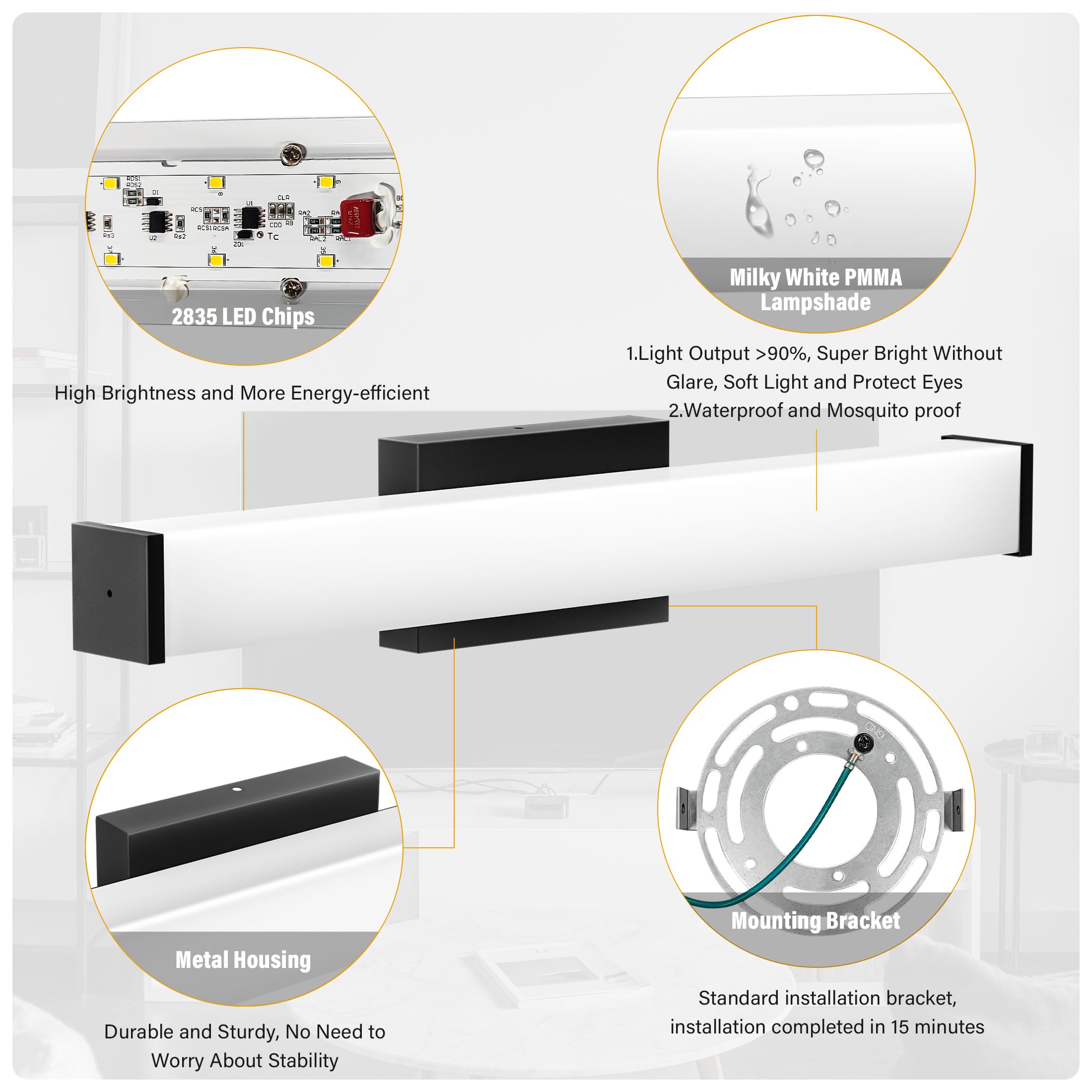 NOVELUX 24-inch LED Vanity Light - 25W 2200LM Dimmable Bathroom Mirror Light Fixture, 4000K Natural White, Energy Efficient & Easy Installation (1 Pack) - Perfect for Bathroom, Dressing Room & Makeup Area Lighting