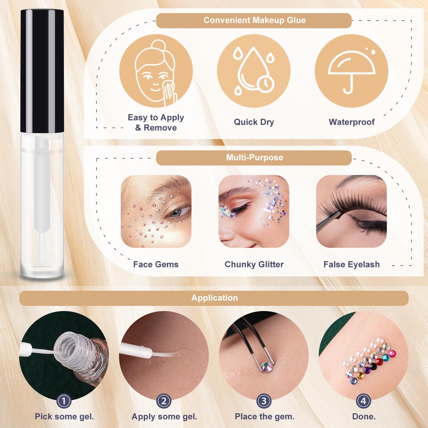 Colorful Face Gems Makeup Set - Flatback Clear Glass Rhinestones with Glue, Picker Pencil & Tweezers for Eye, Body, Hair & Nail Art | Perfect for Festival, Party & Special Occasion Makeup