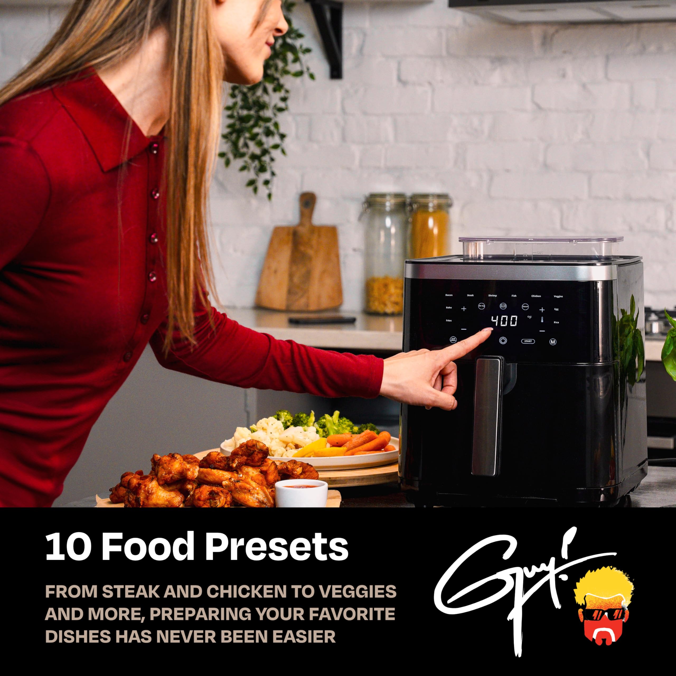 Guy Fieri's Flavortown 6.5 Quart Steam Air Fryer with Moisture Lock Technology – Programmable Steamer & Air Fryer Combo, 1700W, 10 Presets, Precise Temp Control – Perfect for Healthy Cooking, Crispy Snacks & Family Meals