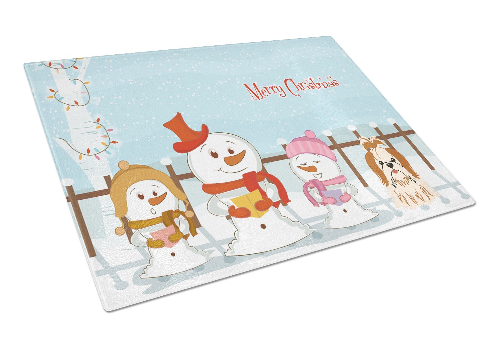 Merry Christmas Carolers Shih Tzu Red White Glass Cutting Board - Large Tempered Glass Kitchen Cutting & Serving Board - Holiday Decor & Food Prep - Perfect for Christmas Entertaining & Cookie Decorating