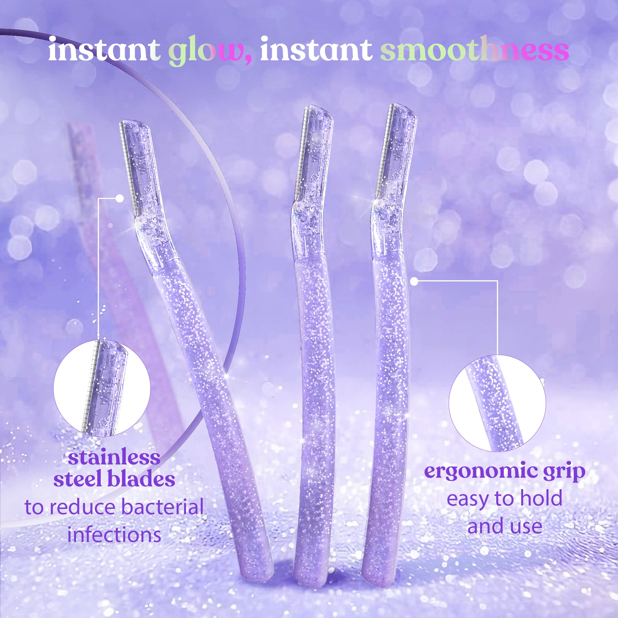 Bombae Glam-up Reusable Beauty Face Razor for Women - 3 Pack | Eyebrows, Upper Lip, Chin, Peach Fuzz Removal | Dermaplaning Tool for Smooth Skin & Flawless Makeup Base | Perfect for Home Spa, Travel & Daily Skincare Routine