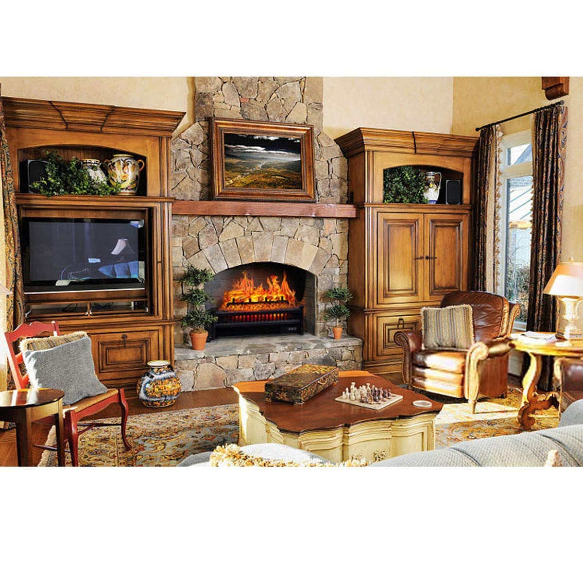 Electric Fireplace Heater with Remote Control & Mantel Surround - Freestanding Stove for Living Room, Bedroom & Office - Realistic Flame Effect & Adjustable Heat Settings