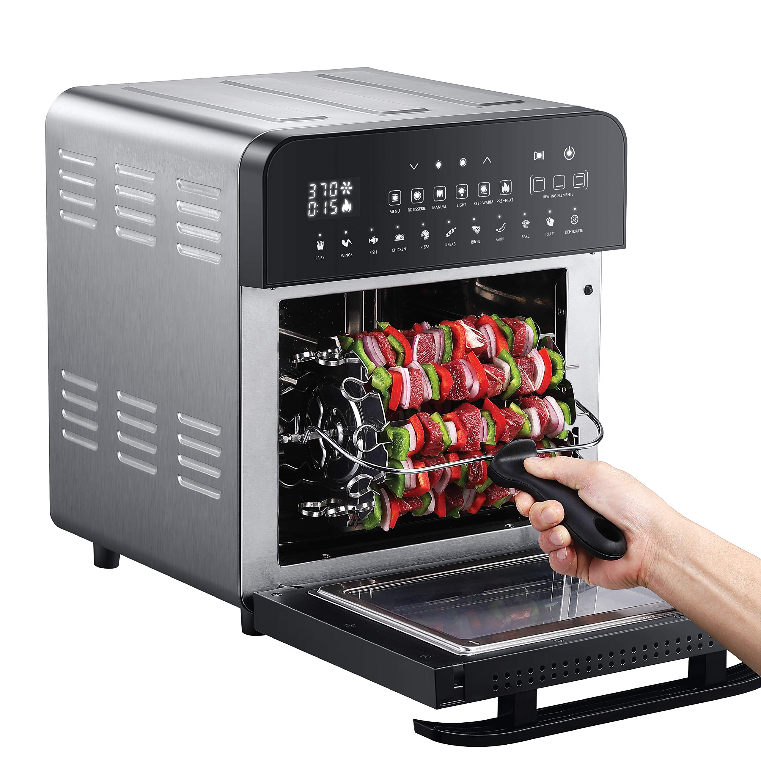 GoWISE USA 14.7-Quart Air Fryer Grill with Dual Heating Elements - 11-in-1 Oven with Rotisserie, Dehydrator, Preheat & Broil Functions - Includes 11 Accessories & 2 Recipe Books (Stainless Steel/Black) - Perfect for Healthy Cooking, Family Meals & Party Snacks