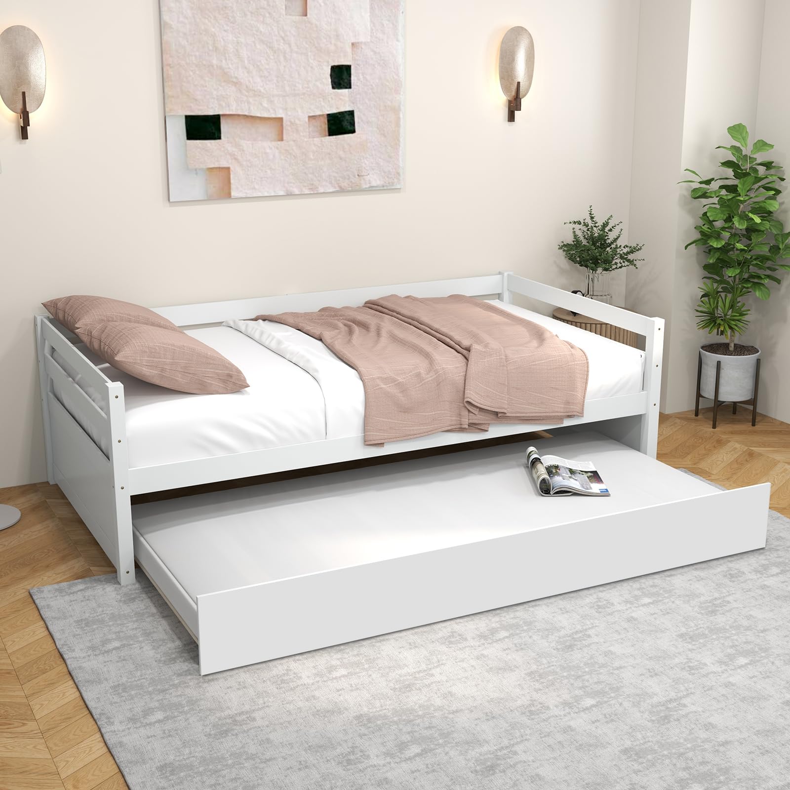 KOMFOTT Twin Size Wooden Daybed Frame with Trundle - No Box Spring Needed, Convertible Sofa Bed for Living Room, Guest Room & Kids Bedroom | Space-Saving Sleep Solution for Small Spaces & Overnight Guests