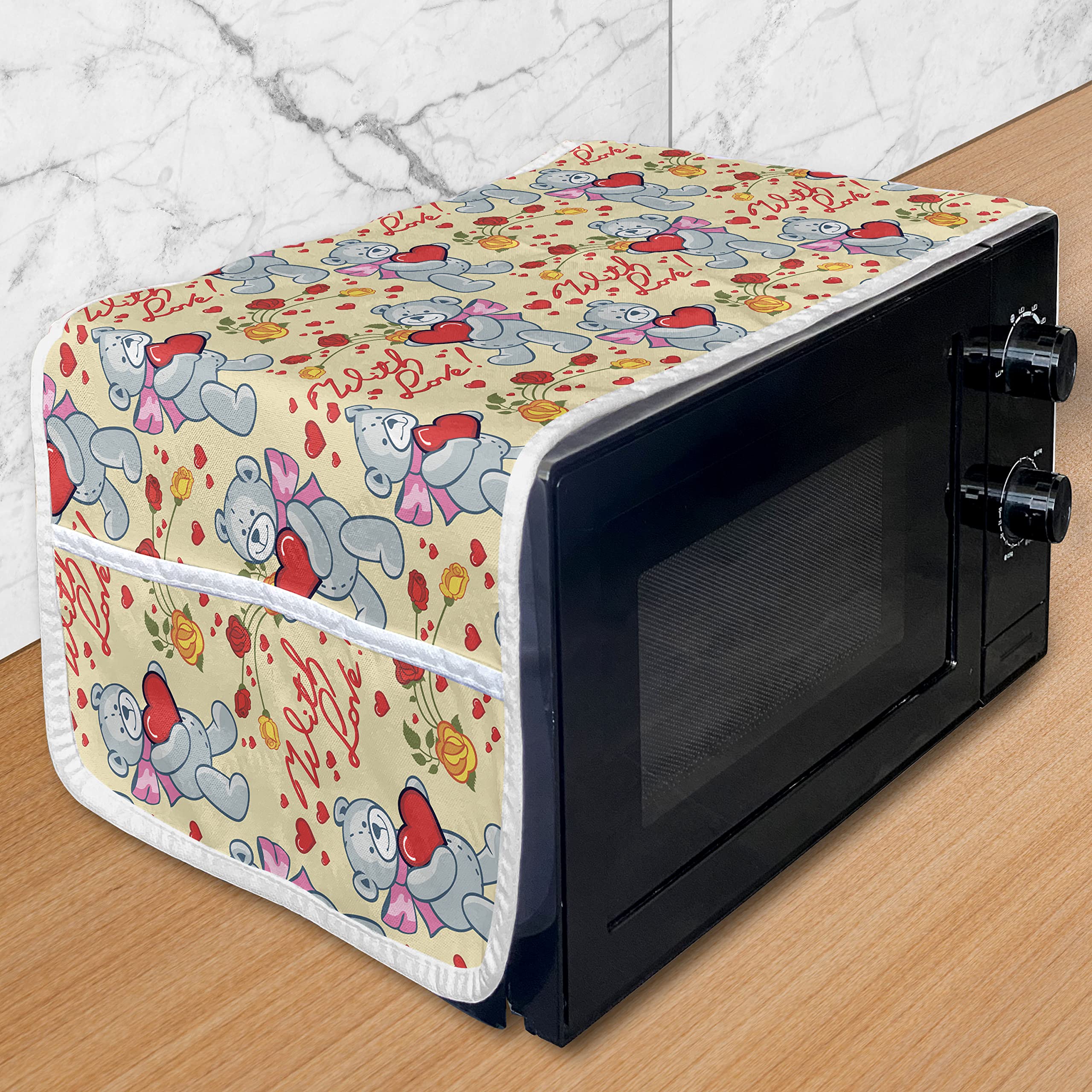 Ambesonne Valentine's Day Microwave Cover - Romantic Teddy Bears with Hearts & Roses Design, Waterproof Kitchen Organizer with Pockets, 36x12 Inches, Multicolor - Perfect for Valentine's Gifts & Kitchen Decor