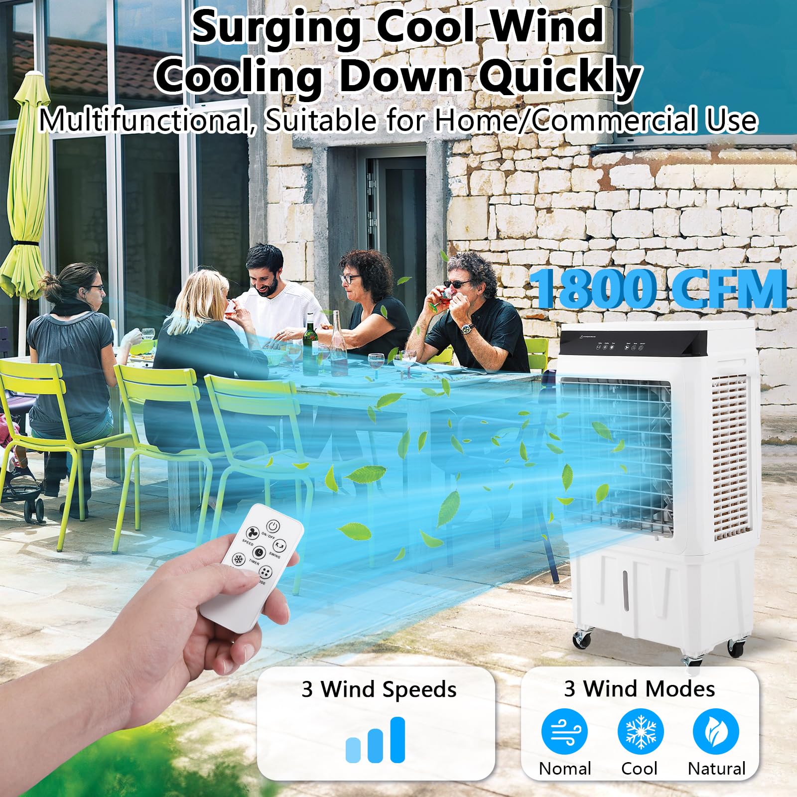 Portable Evaporative Air Cooler - 1800 CFM Swamp Cooler with Remote Control, 4 Ice Packs, 3 Speed Modes for Indoor & Outdoor Use - 8.4 Gallon Water Tank - Perfect for Patio, Garage, Bedroom, and Office Cooling