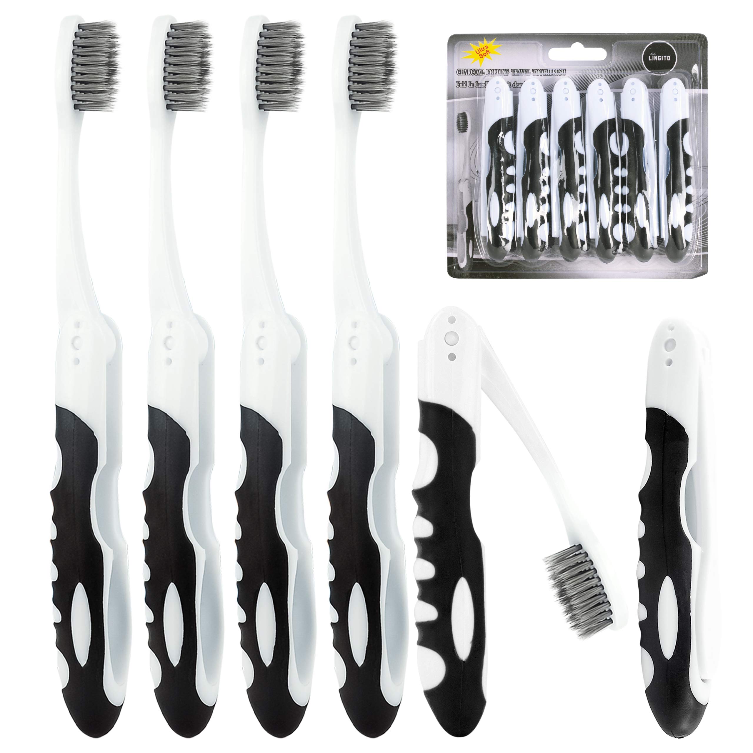 Lingito Travel Toothbrush 6-Pack - Foldable Toothbrush with Built-in Cover, Soft Charcoal Bristles | Compact & Portable for Hiking, Camping, Business Trips | Perfect for Travel, Gym, Office & Emergency Kits