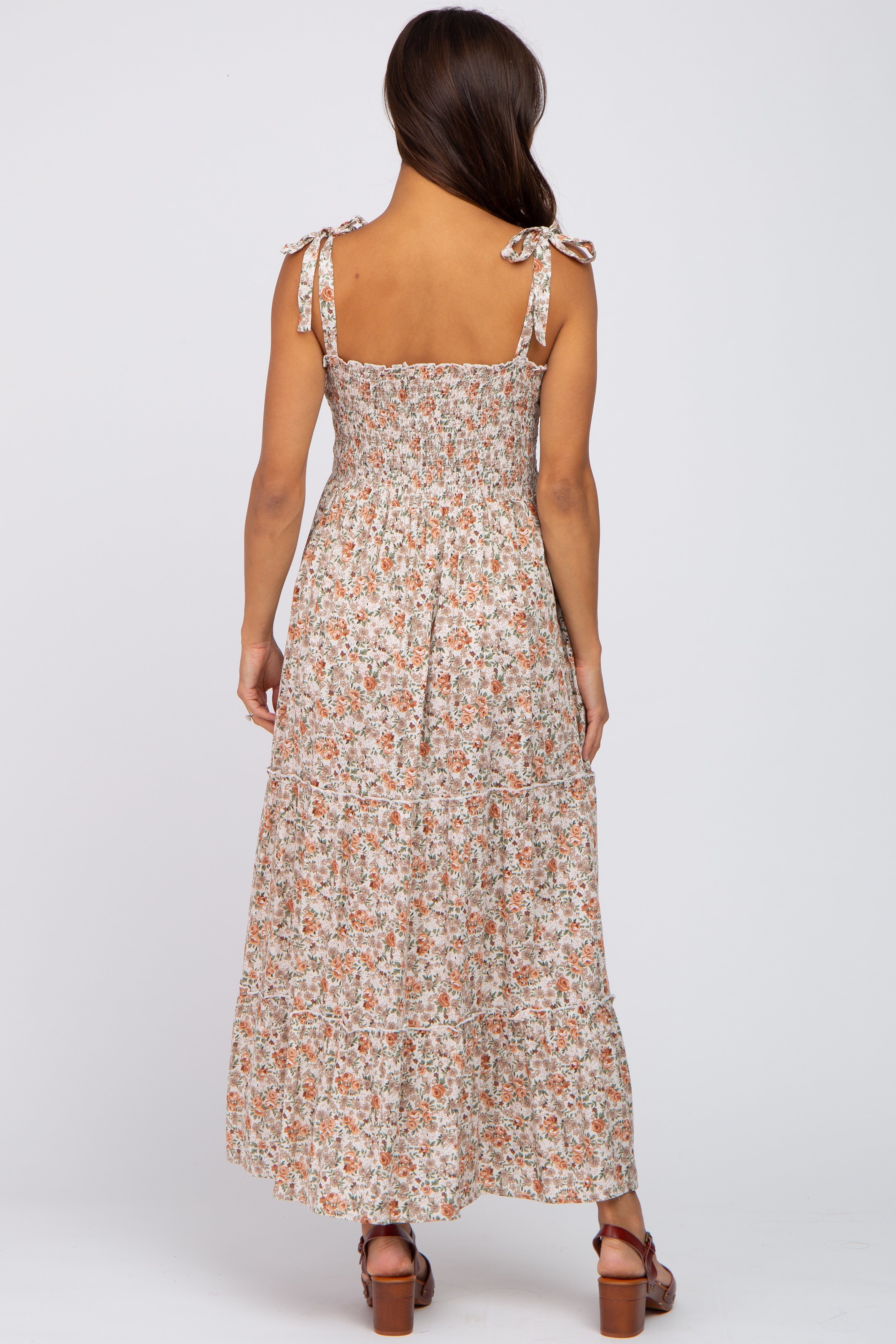 Beige Floral Sleeveless Tiered Maternity Maxi Dress for Pregnancy - Comfortable Summer Maternity Dress for Baby Shower, Beach Vacation & Photoshoots