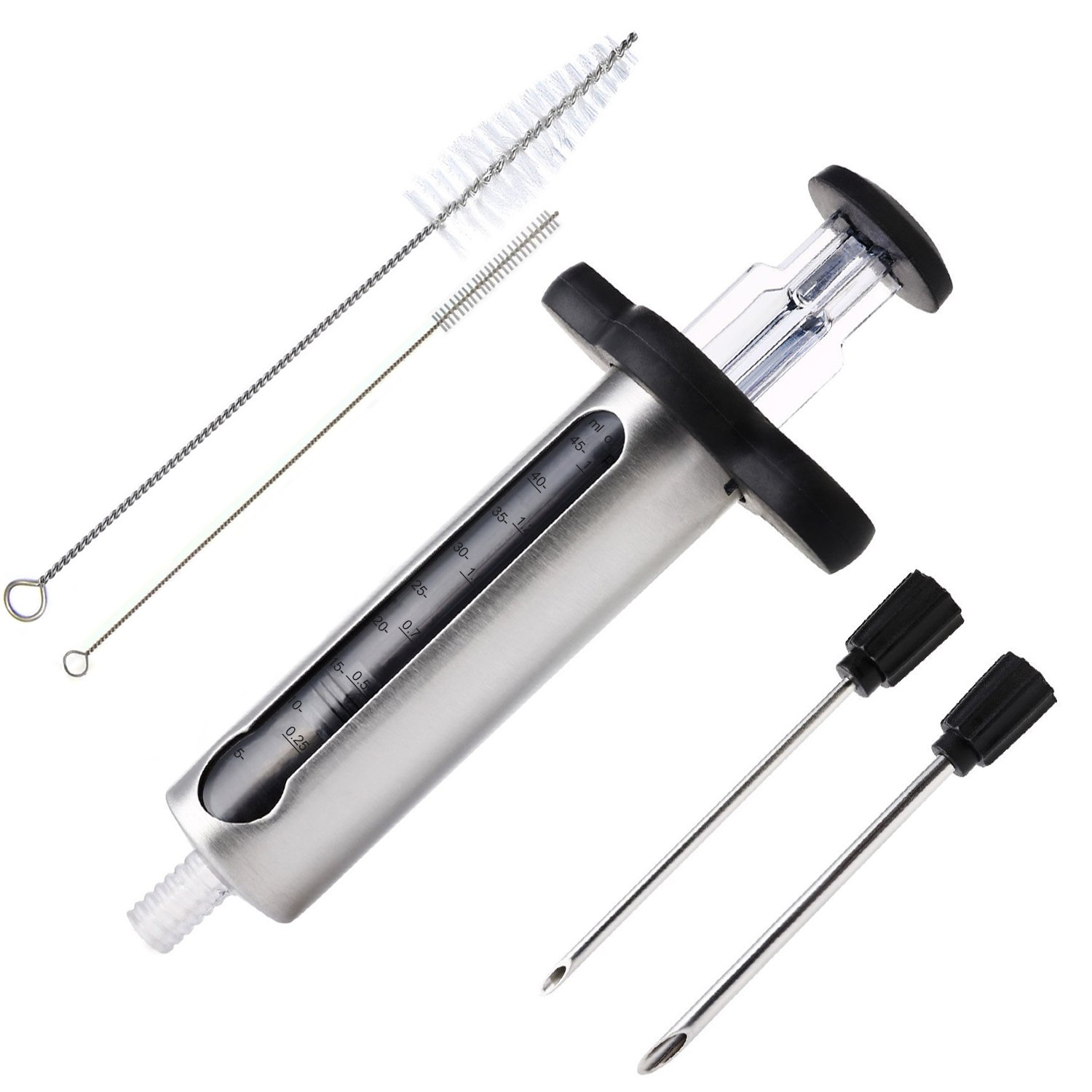 Premium Stainless Steel Meat Injector Kit - 2 Professional Marinade Needles with Measurement Window & Cleaning Brushes - Perfect for BBQ, Grilling, Smoking, and Home Cooking