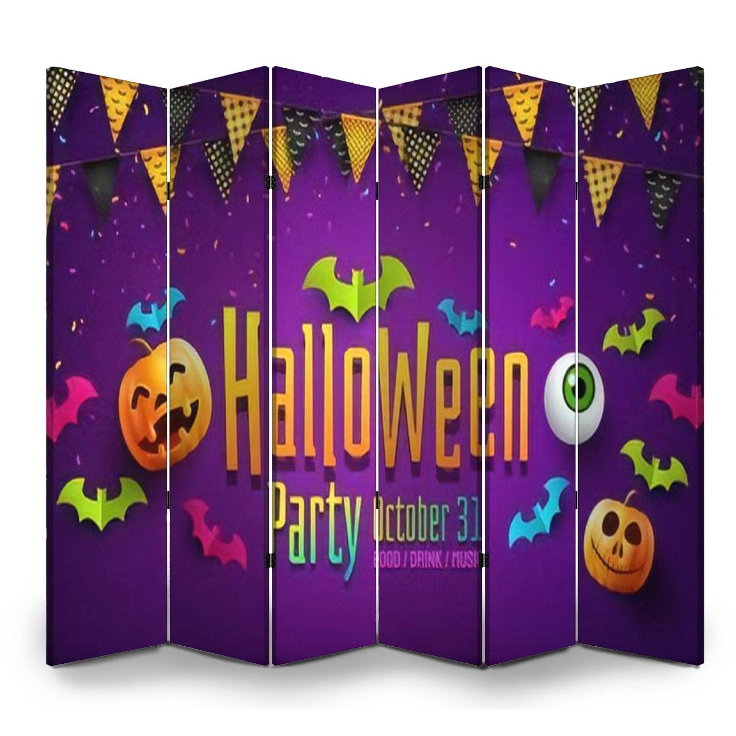 6 Panel Folding Privacy Screen Room Divider - Halloween Carnival Decor with Flags, Garlands, Paper Bats & Confetti - Office Partition Wall Decor for Home, Bathroom & Events (Perfect for Parties, Home Office & Privacy Needs)