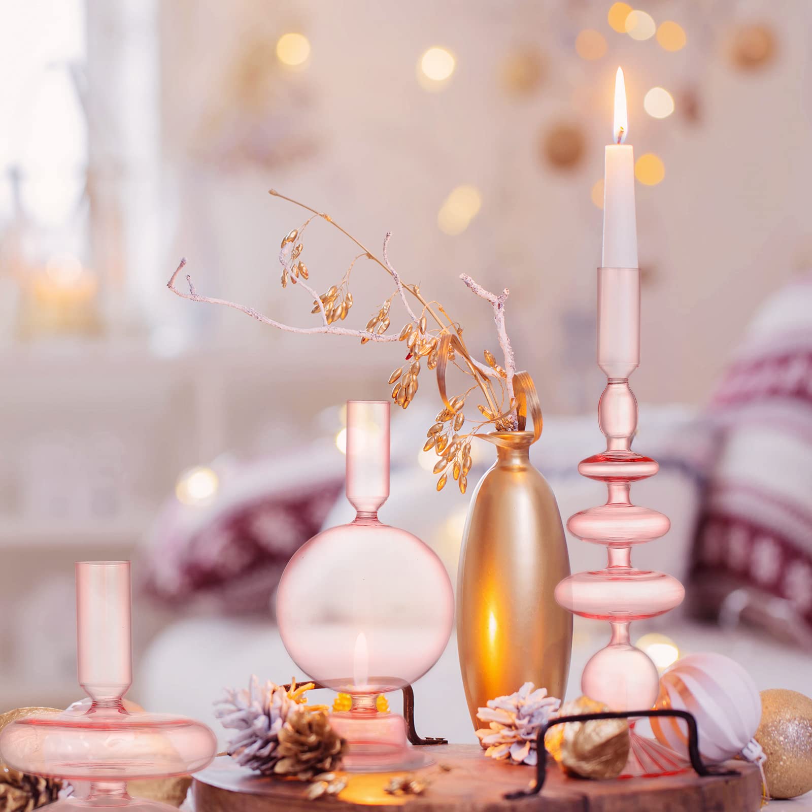 Rtteri 3-Piece Set of Elegant Groovy Wavy Glass Taper Candlestick Holders - Pink Decorative Candle Holders for Home Decor, Wedding Centerpieces & Party Table Settings