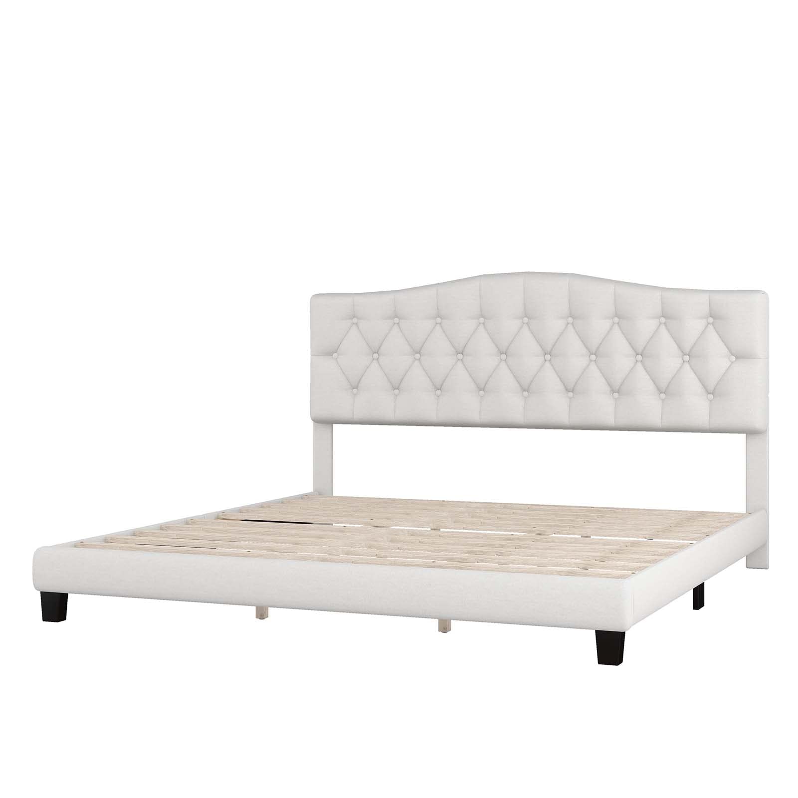 King Size Linen Upholstered Platform Bed Frame with Tufted Headboard - Sturdy Wooden Slat Support, Noise Free Design, No Box Spring Needed, Under Bed Storage Space - Perfect for Master Bedroom, Guest Room, Kids Room and Teen Bedroom (King)