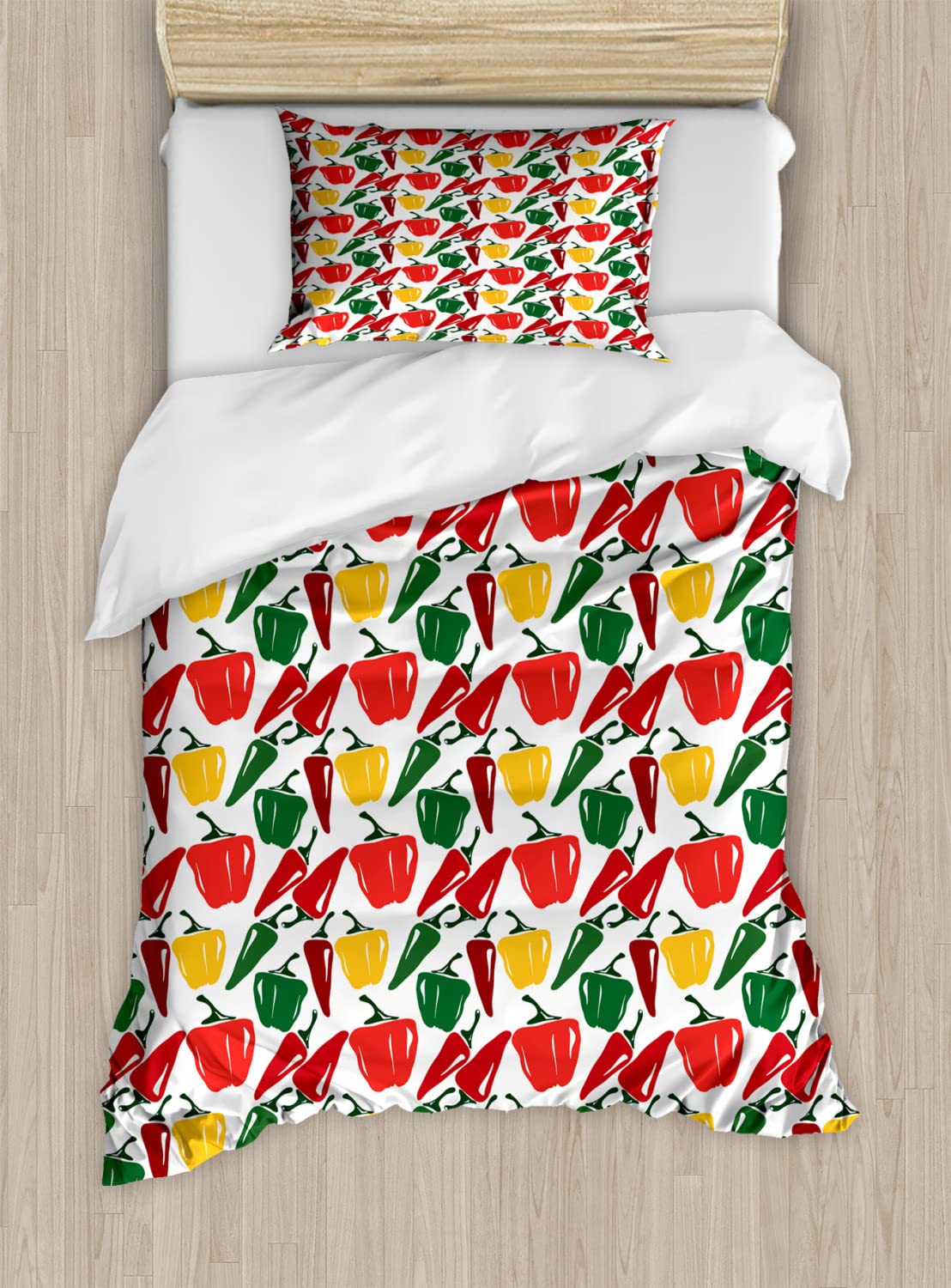 Ambesonne Mexican Food Peppers Duvet Cover Set - Queen Size 2-Piece Bedding with 2 Duvet Covers & 2 Pillowcases, Hand-Painted Farmland Produce Design in Vibrant Colors - Perfect for Kitchen-Themed Bedrooms or Mexican Decor