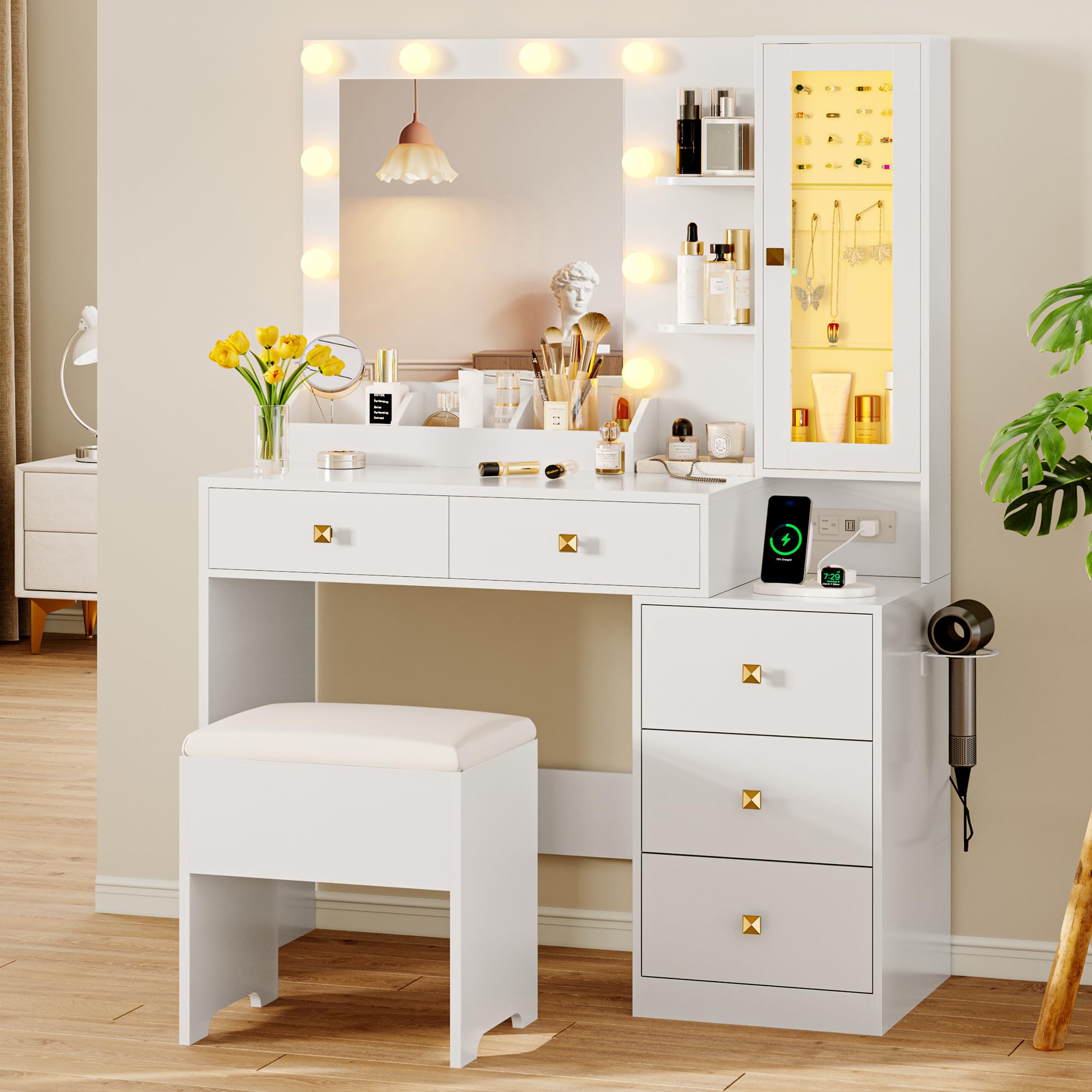 Vanity Desk with Mirror and LED Lights - Makeup Vanity Table Set with 5 Storage Drawers, Power Outlet & Stool - Small Dressing Table with Adjustable RGB Ambient Lighting - Perfect for Girls Bedroom, Home Salon or Bridal Makeup Station - White