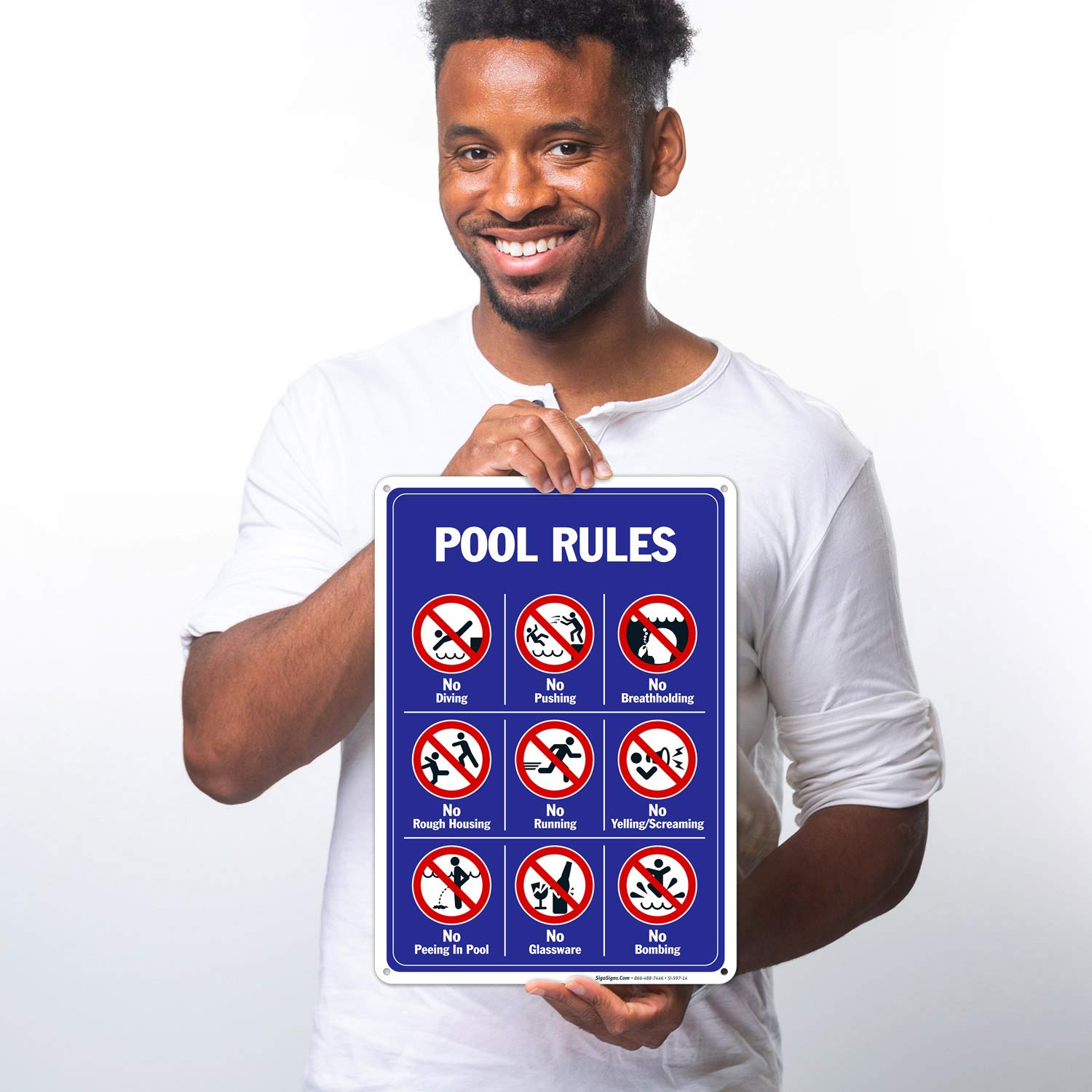 Pool Rules Sign by Sigo - No Diving, No Pushing, No Running, No Peeing in Pool - 10x14 Inches, 55 mil Thick HDPS (High Density Polystyrene), Made in USA - Perfect for Public Pools, Water Parks & Backyard Swimming Pools