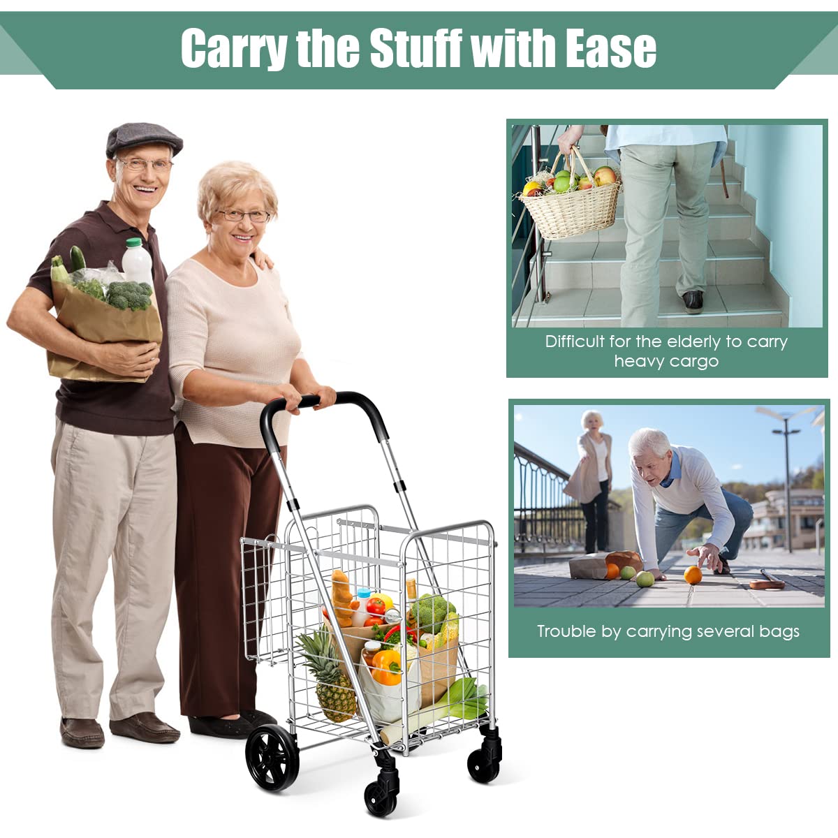 Byroce Utility Folding Shopping Cart - Lightweight Grocery Trolley with Handle, Swivel Wheels & Dual Storage Baskets - Perfect for Supermarket, Laundry, Books, Travel & Luggage (Silver)