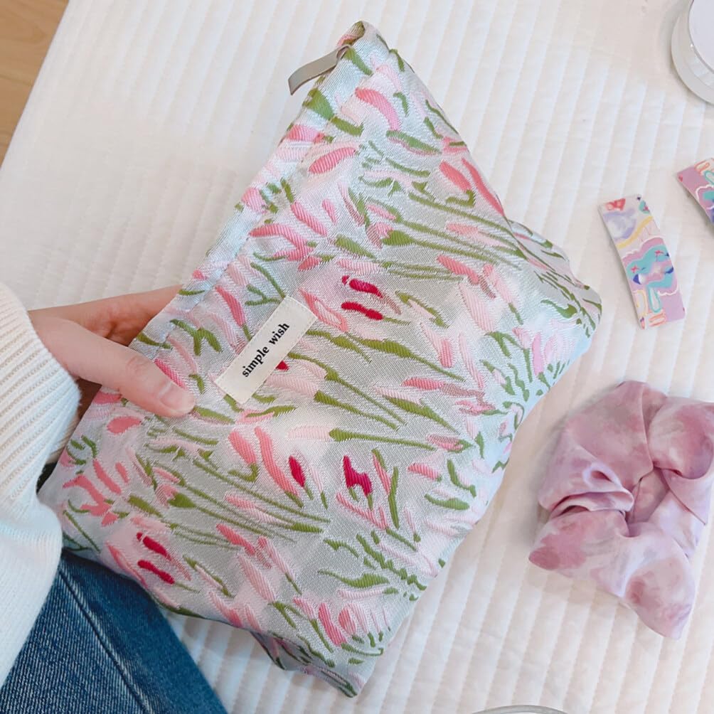 EXCLUZO Aesthetic Canvas Makeup Bag - Waterproof Cosmetic Organizer with Zipper, Travel Toiletry Pouch for Women | Perfect for Period Kit, Skincare Storage, Bathroom Shower Essentials & Pencil Case - Ideal for Travel, Gym, and Daily Use