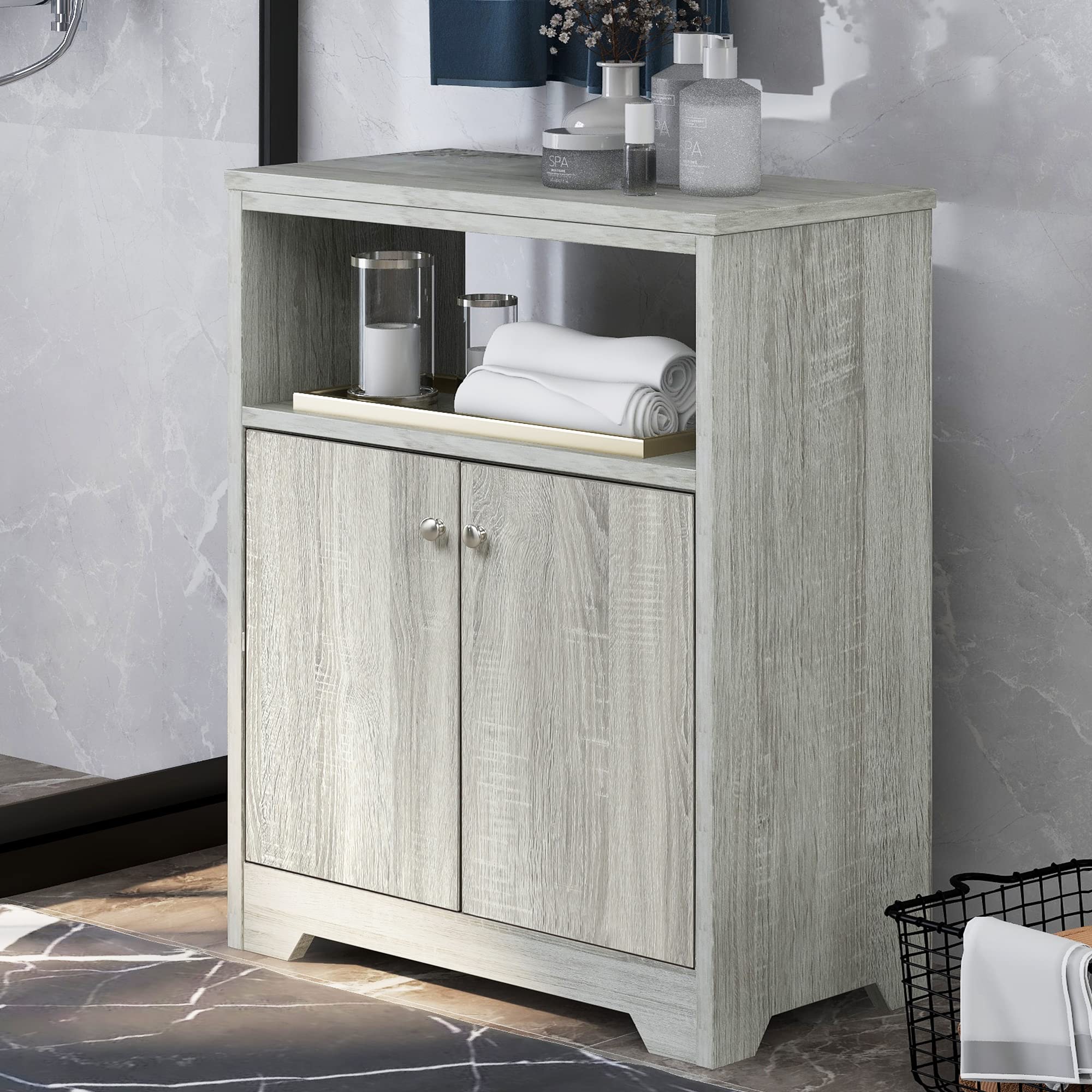 Oak Bathroom Cabinet with Adjustable Shelves - Freestanding Storage Cabinet for Bathroom & Kitchen - Easy to Assemble Floor Cabinet - Perfect for Bathroom Organization & Kitchen Storage