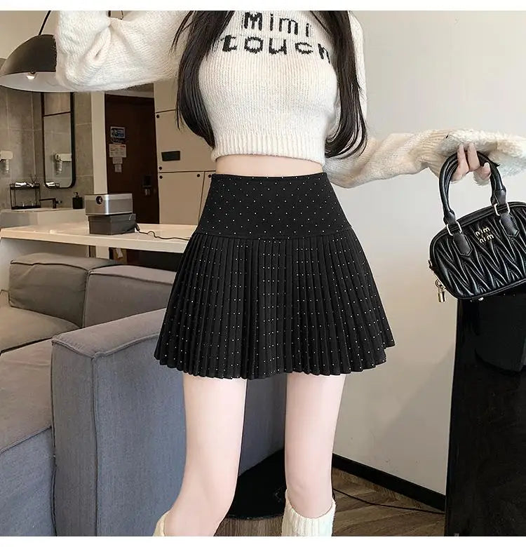 Women's High Waist Slim Pleated Wool Mini Skirt - Black, Blue, Brown | Diamond Pattern | Autumn Winter Fashion | College Style | Perfect for Festivals, Parties & Casual Wear