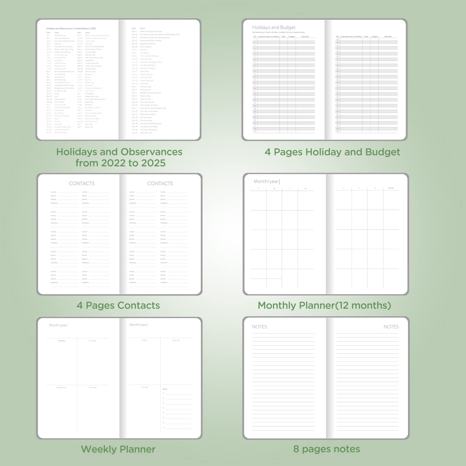 2024-2025 Undated Weekly & Monthly Planner with Tabs, Stickers, Thick Paper - Twin-Wire Binding, 6.1x8.2 Inch Mint Green Academic Planner for Students & Professionals - Perfect for School, Work, and Personal Organization