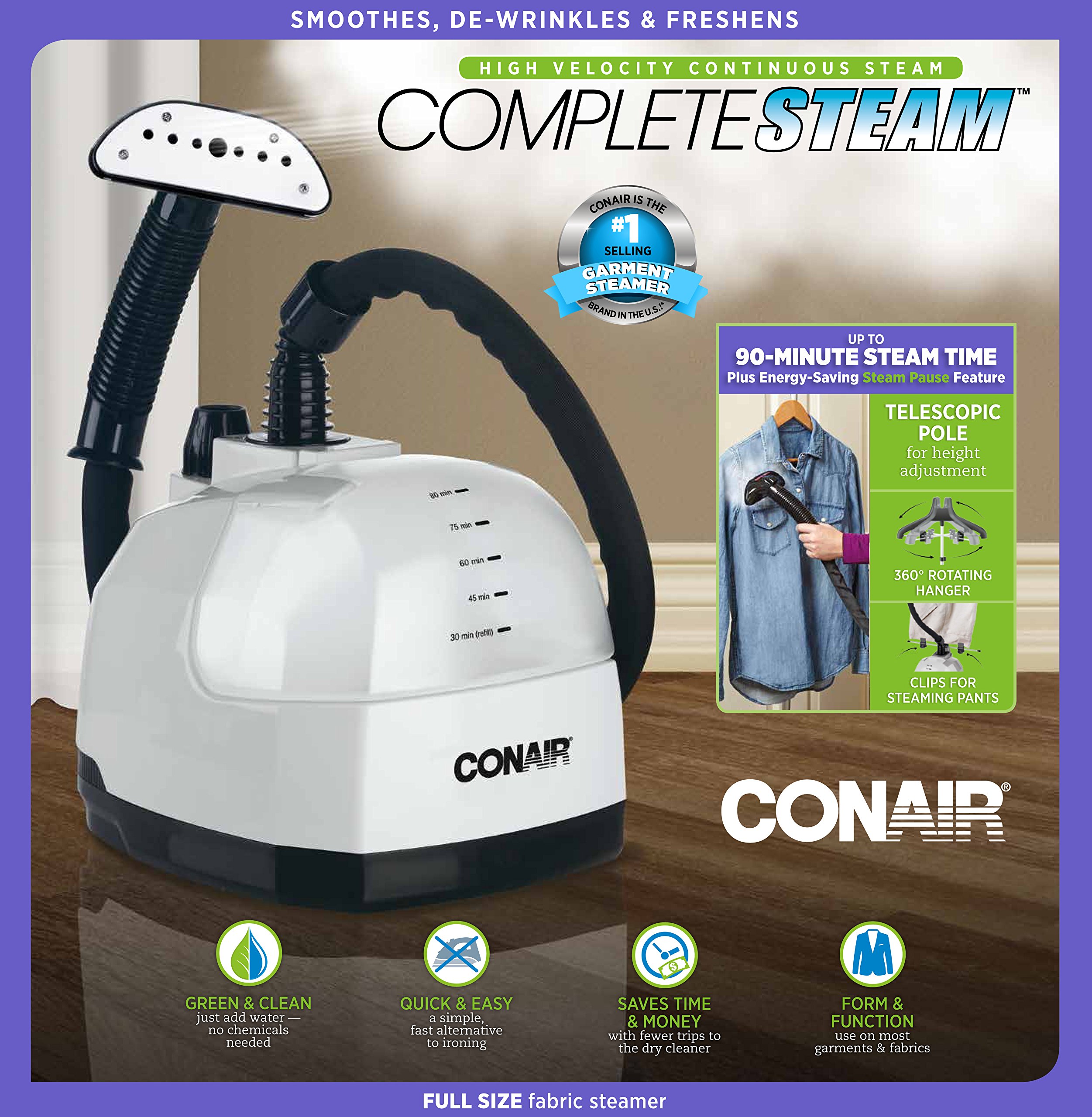 Conair Full Size Garment Steamer for Clothes - 1500W Powerful Steam Iron for Wrinkles, Grey | Perfect for Home, Travel & Professional Use on Dresses, Suits & Delicate Fabrics