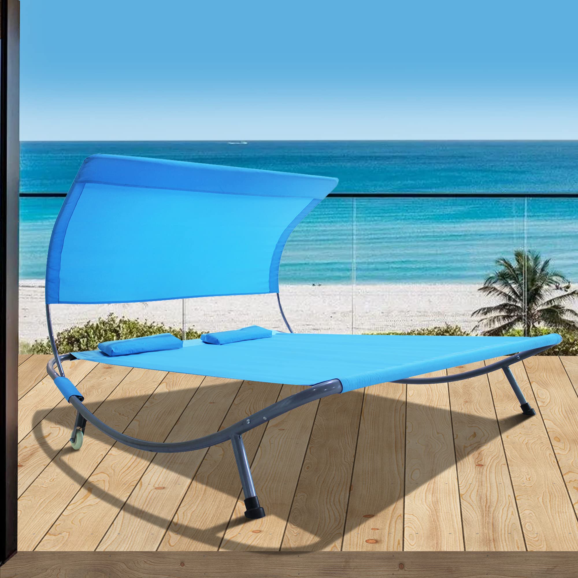 Outdoor Double Chaise Lounge Bed with Canopy & Headrest Pillow - Portable Patio Daybed with Wheels for Deck, Garden, Poolside, Sunroom & Indoor Use - Perfect for Relaxing, Sunbathing & Lounging (Blue)