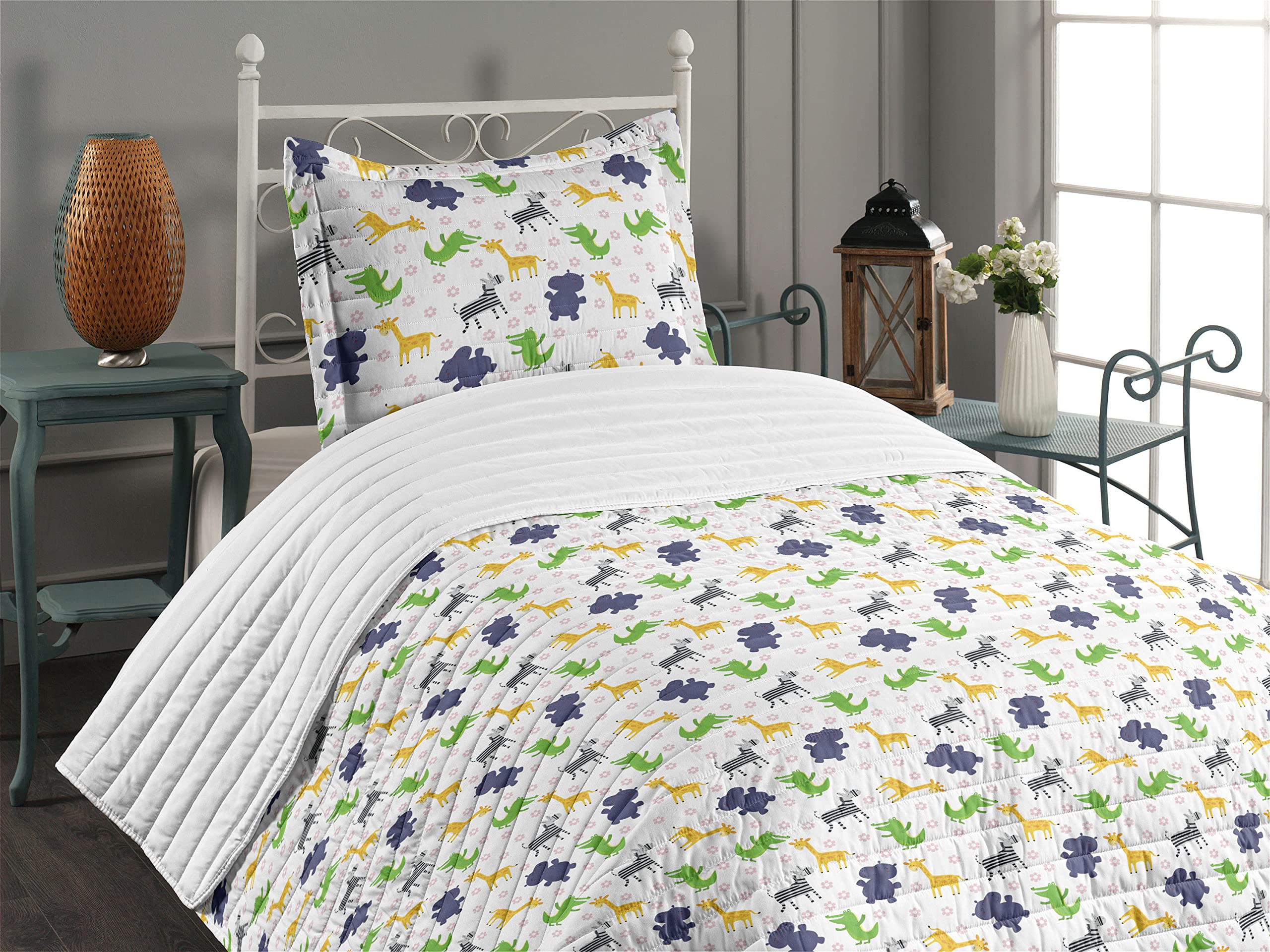 Ambesonne Hippo Microfiber Bedspread Set - Hand Drawn Cheerful Animal Pattern with Pink Daisies, Soft Twin Size Bedding Set Includes Pillow Sham & Comforter | Perfect for Kids' Room, Nursery Decor & Gift Ideas