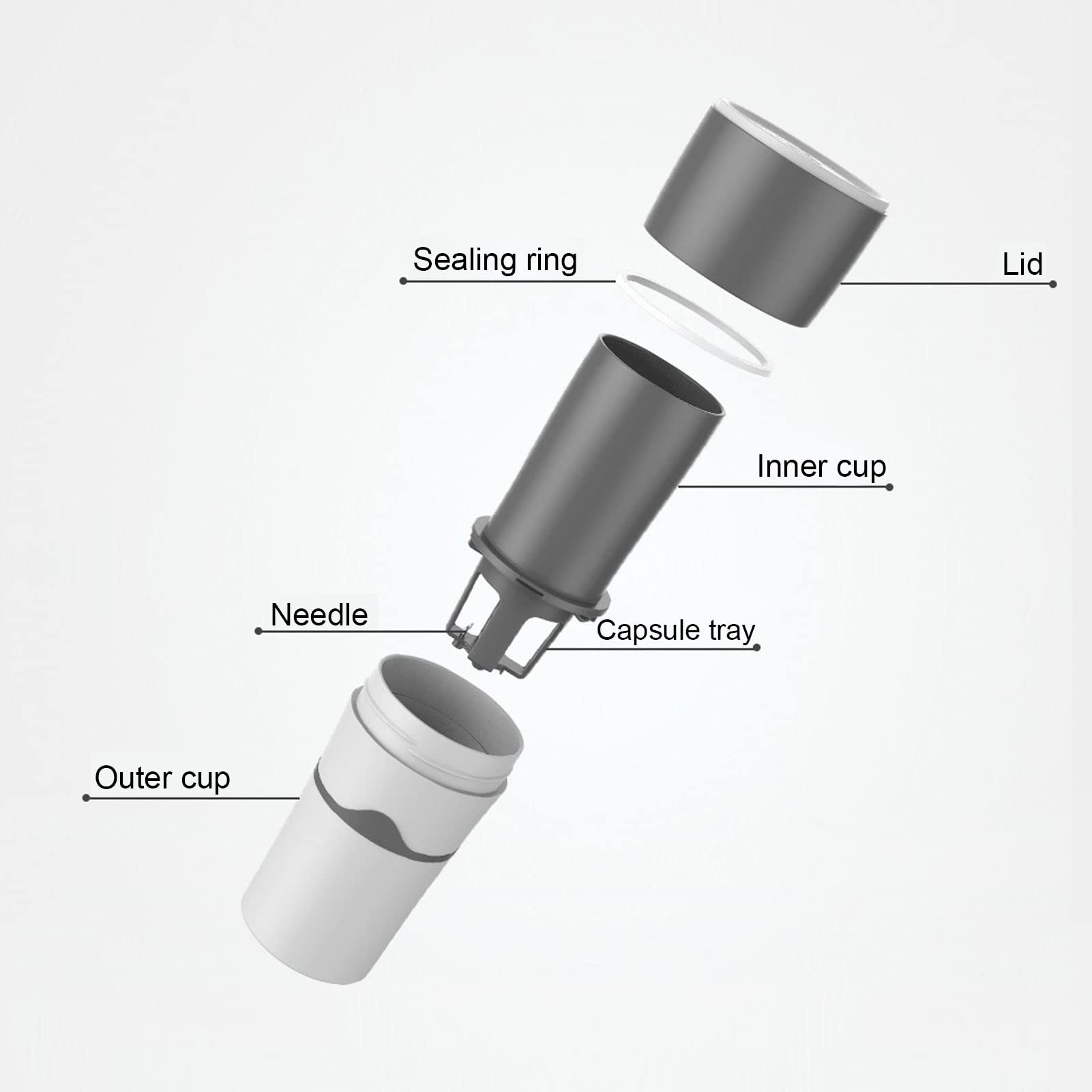 Portable Drip Coffee Maker for Travel & Camping - Compact K Cup Coffee Machine with Reusable Capsules, Lightweight & Easy to Use - Perfect for Outdoor Adventures, Office, Road Trips (Grey & White)