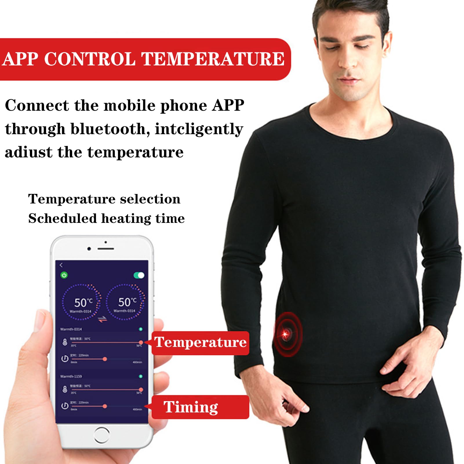 TOVCHEI Electric Heated Underwear for Men & Women - Smart APP Control with 5 Temperature Levels, USB Rechargeable Thermal Underwear for Winter Sports, Outdoor Riding, Skiing & Cold Weather Activities