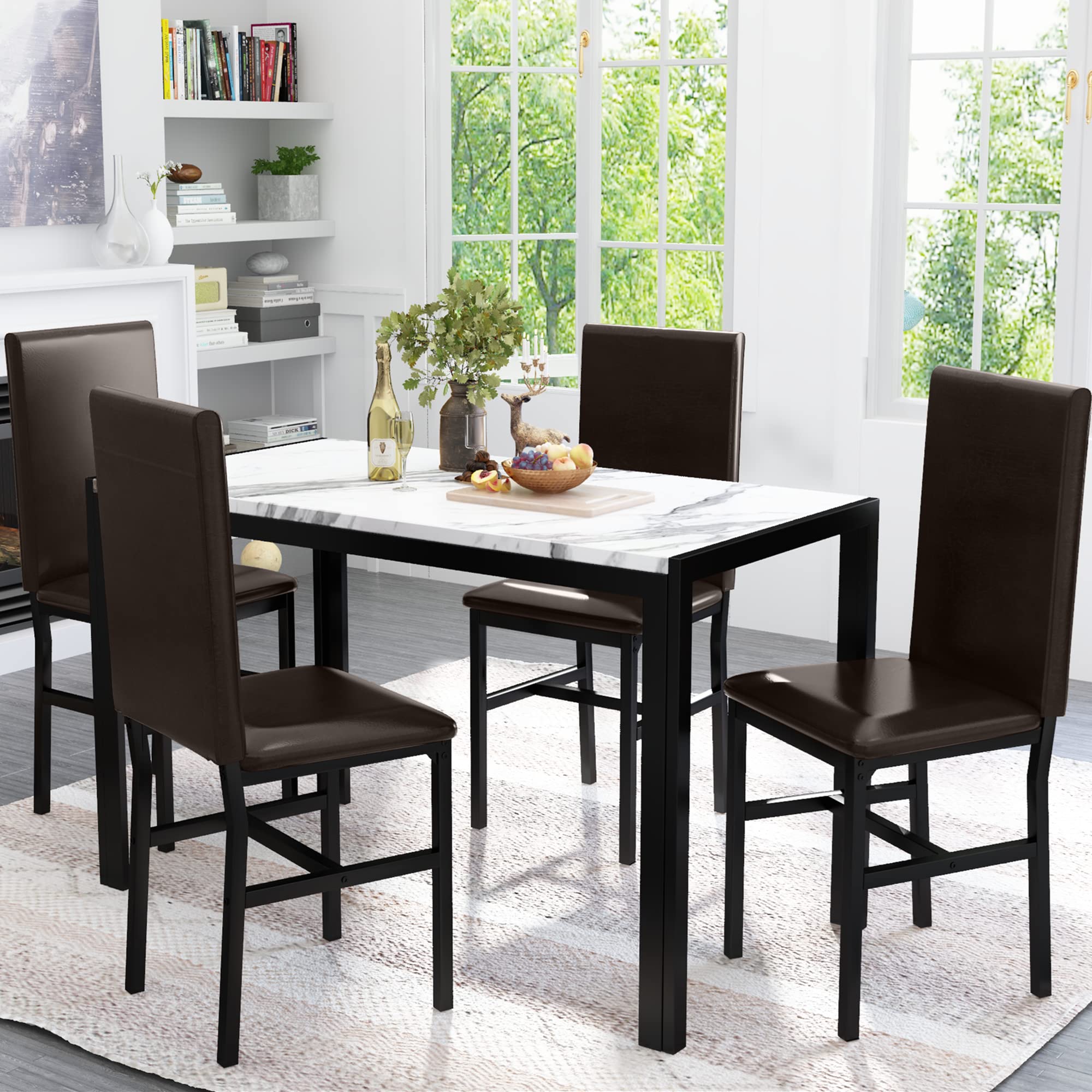5-Piece Dining Table Set for 4 with Faux Marble Top & 4 Upholstered PU Leather Chairs - Perfect for Small Kitchens, Breakfast Nooks, and Cozy Dining Rooms