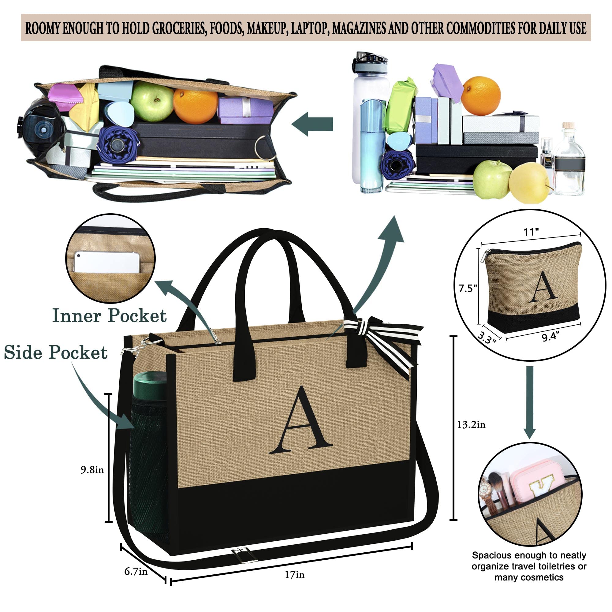 YOOLIFE Personalized Initial Jute Tote Bag & Makeup Bag Set - Best Birthday Gifts for Women, Mom, Wife, Teacher, Friend - Perfect for Work, Travel, Shopping & Daily Use
