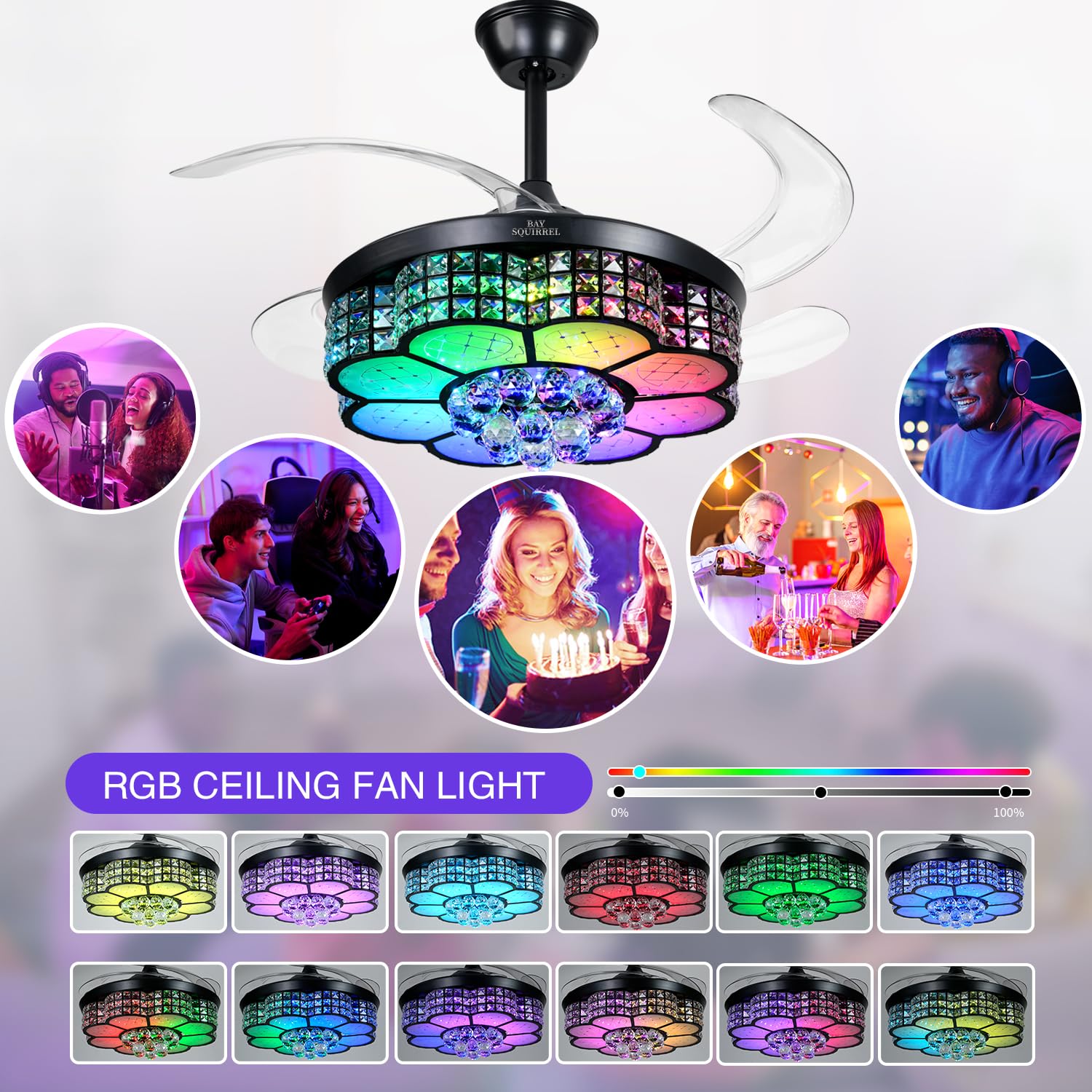 BAYSQUIRREL Retractable Crystal Ceiling Fan with Light - Bluetooth Smart Ceiling Fan with Speaker, Remote & App Control, 6 Speed Reversible Blades, RGB LED Dimmable Chandelier - Perfect for Living Room, Bedroom, and Dining Room