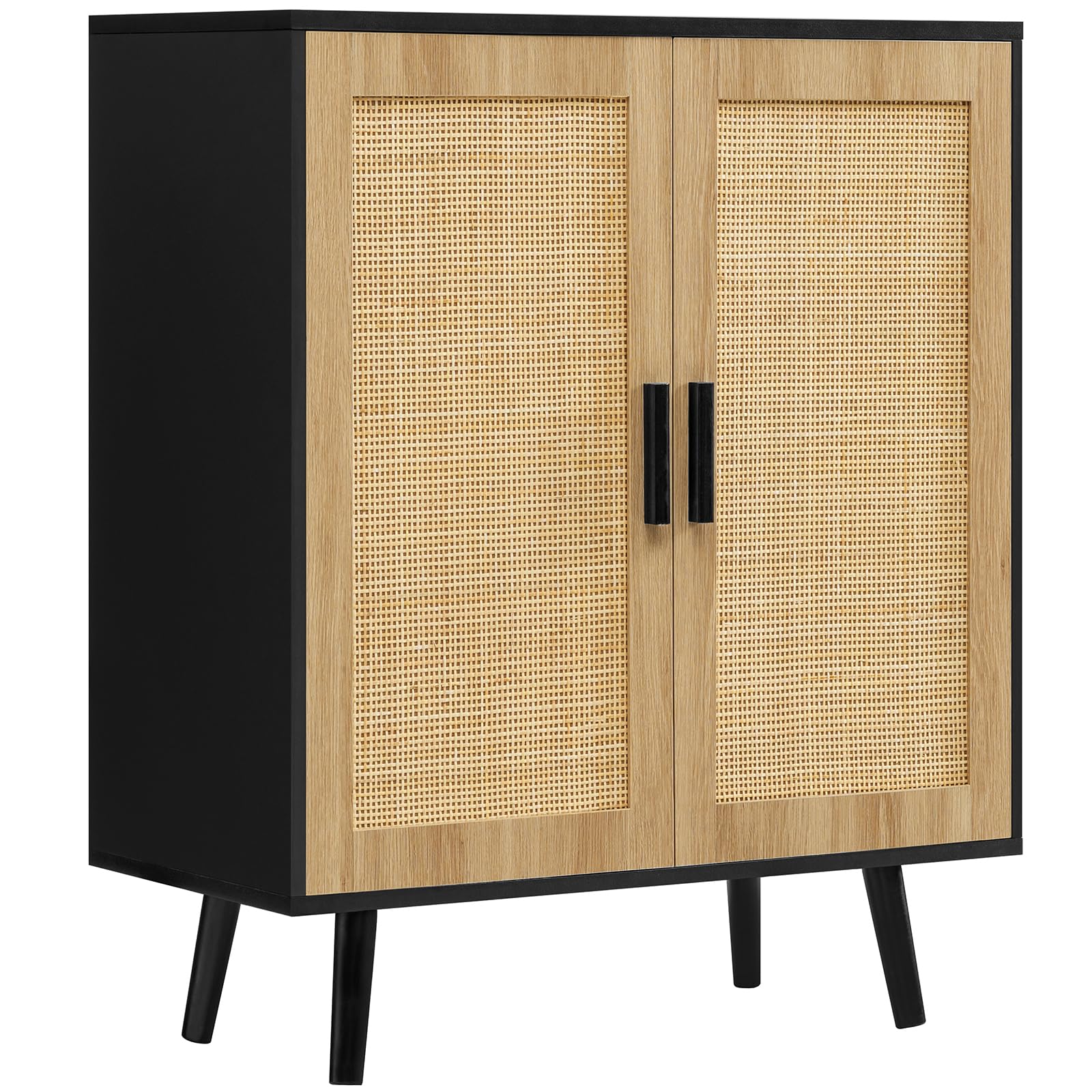 Iwell Rattan Storage Cabinet with Adjustable Shelves & Doors - Freestanding Floor Organizer for Living Room, Dining Room, Entryway - Natural & Black - Perfect for Home Decor, Closet Organization & Small Space Storage