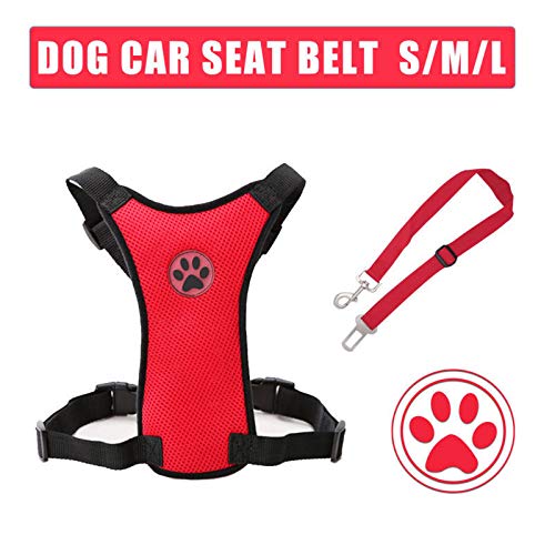 MASO Adjustable Dog Car Safety Vest Harness with Seat Belt Clip - Mesh Pet Travel Strap for Road Trips, Daily Commute & Walks (Large, Red) - Keep Your Pup Secure During Car Rides & Outdoor Adventures