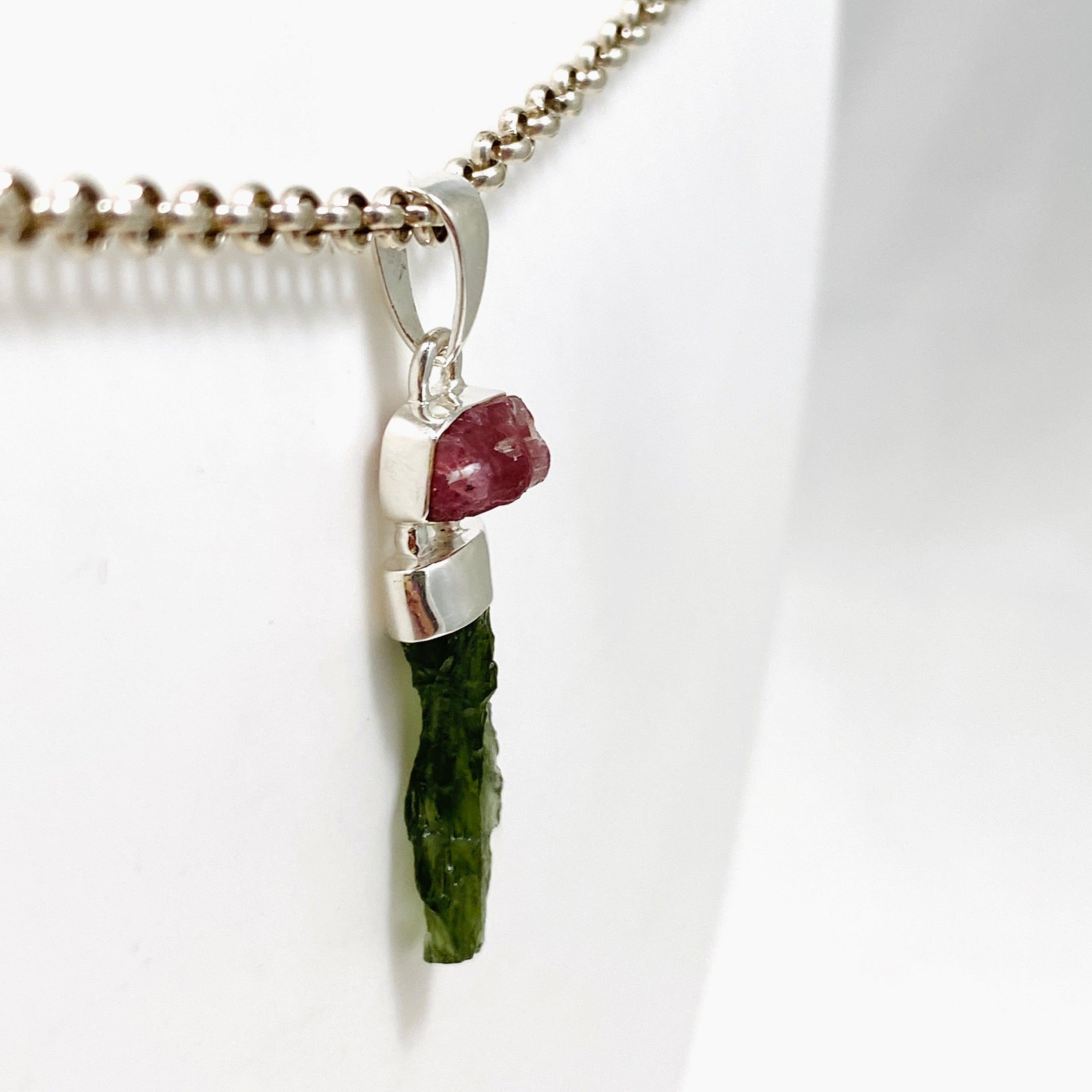 Natural Moldavite & Pink Tourmaline Pendant Necklace CGJ 04 - Spiritual Healing Jewelry for Meditation & Energy Protection