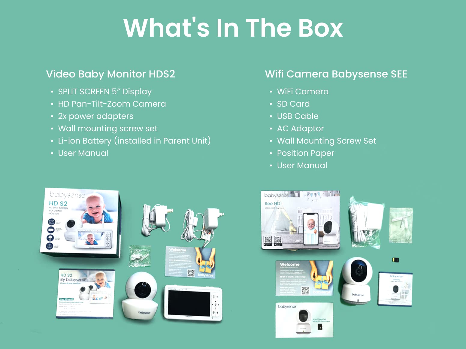 Babysense HDS2 Non-WiFi 5” HD Baby Monitor with Camera & Audio | Bonus WiFi Camera with App for Remote Viewing | Nursery, Home Security & Travel Use