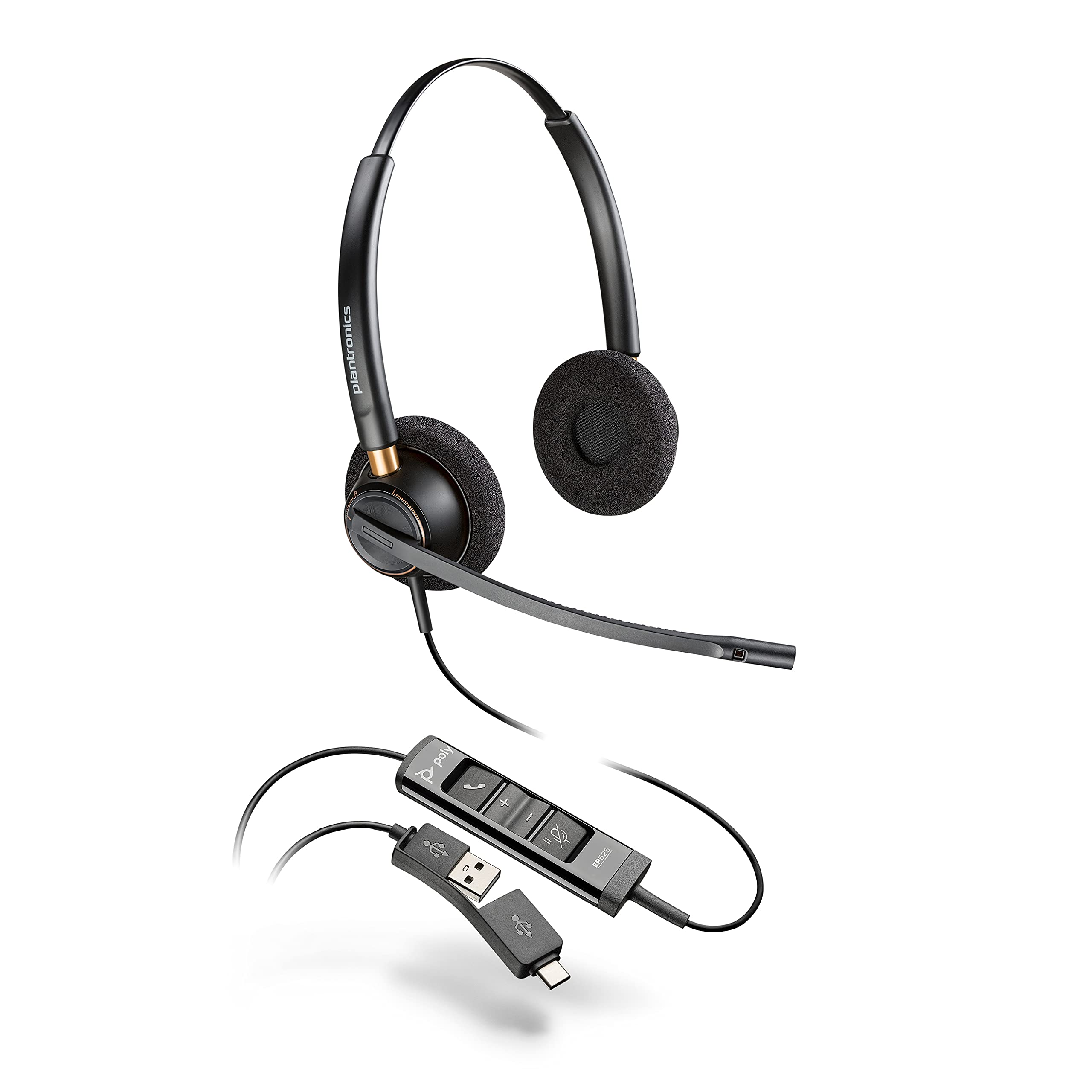 Plantronics EncorePro 525 USB Headset with Noise Cancelling - USB-A & USB-C Compatible Office Headset with Call Control Buttons - Dual Ear Wearing Design for Call Centers & Remote Work (Black) - Perfect for Business Calls, Online Meetings & Customer Service