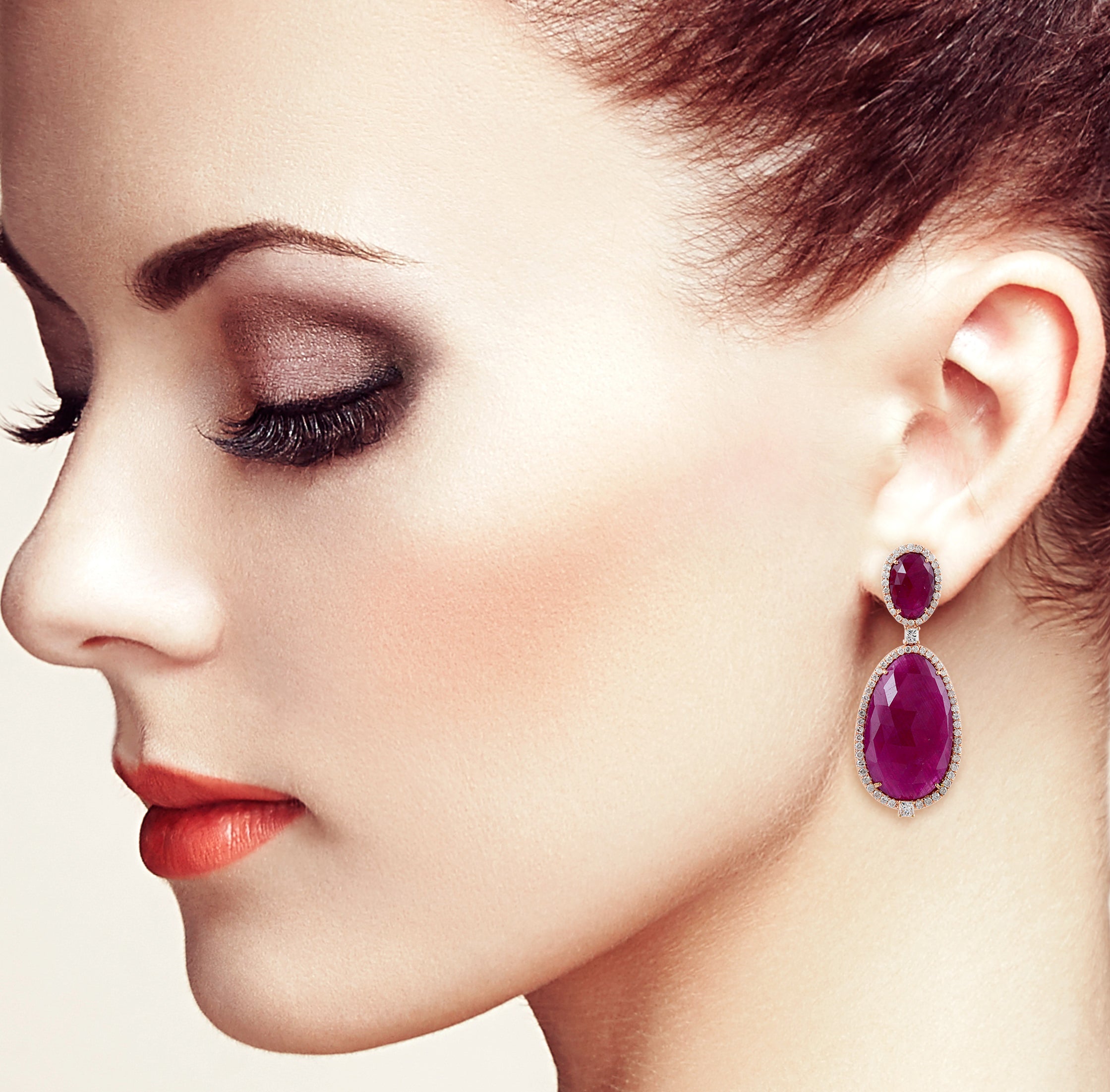 18K Rose Gold Egg Cut Ruby Gemstone Pave Diamond Luxury Dangle Earrings - Perfect for Evening Gala & Bridal Jewelry