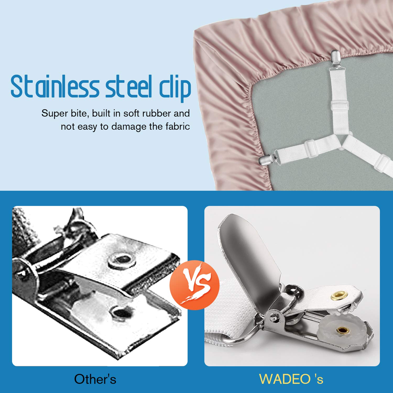 WADEO 2 Pack Adjustable Cross Bed Straps with Side Pull, Mattress Clips & Fasteners - Universal Fit for All Square Mattresses (White) - Perfect for Bedding Security & Mattress Stabilization