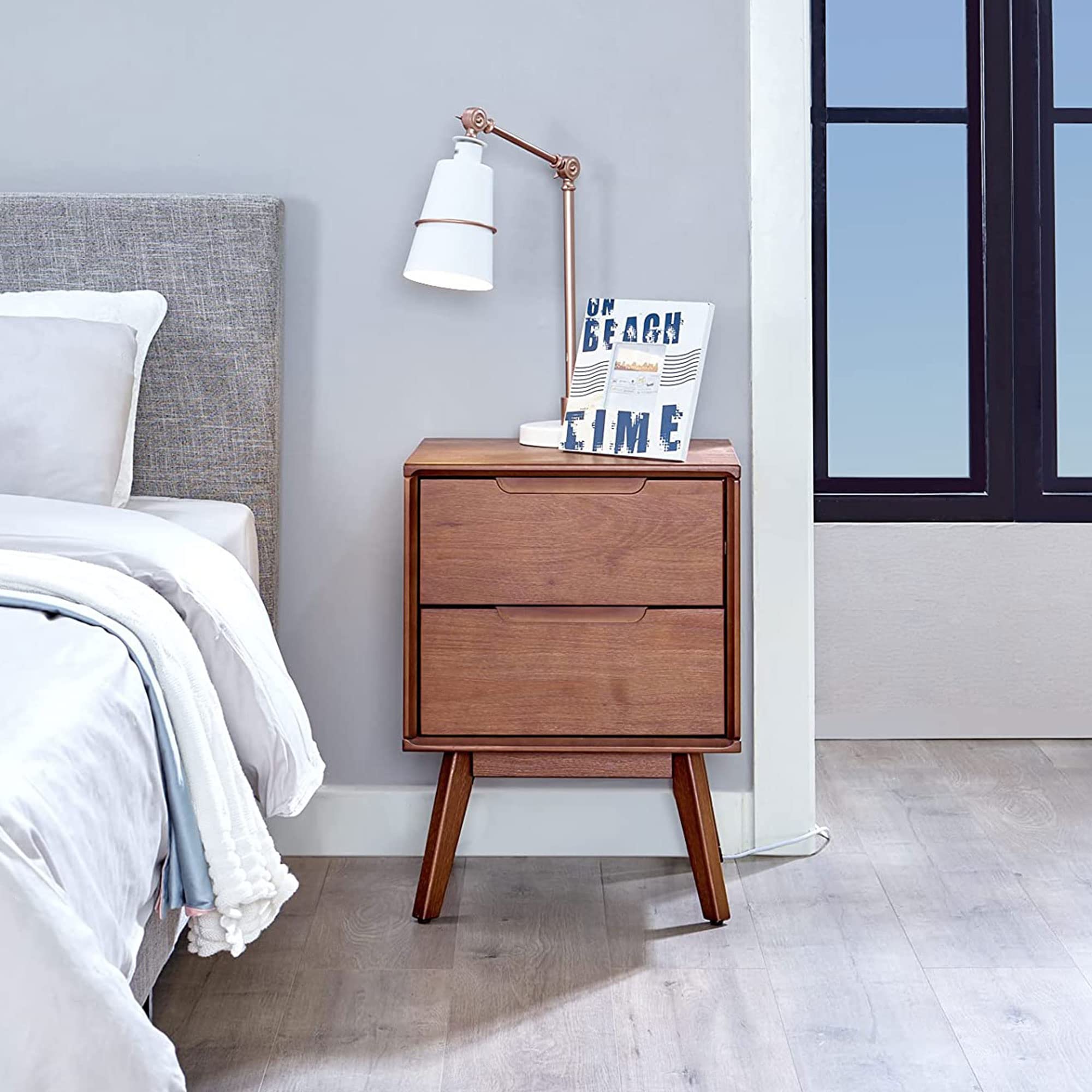 Mid Century Modern Nightstand - Solid Walnut Wood Bedside Table with 2 Drawers, Minimalist Bedroom & Living Room Furniture, Stylish End Table for Home Decor | Perfect for Small Spaces & Apartment Living