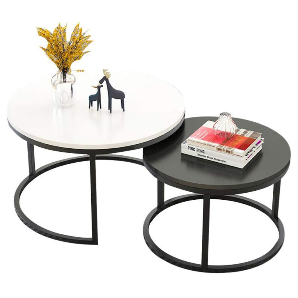 NMDCDH Round Nesting Coffee Tables Set of 2 - 70cm & 50cm MDF Tabletops with Black Metal Base - Modern Living Room Side Tables for Couch, Lounge, or Office Decor
