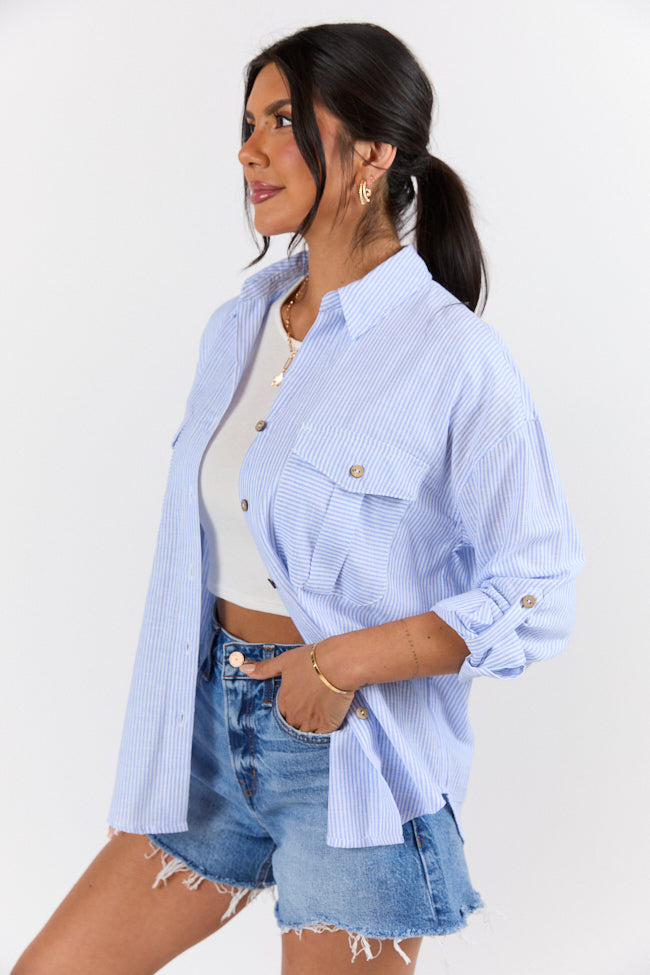 Coastline Walk Blue Striped Linen Blend Button Down Shirt for Women | Casual Summer Beachwear & Vacation Outfit
