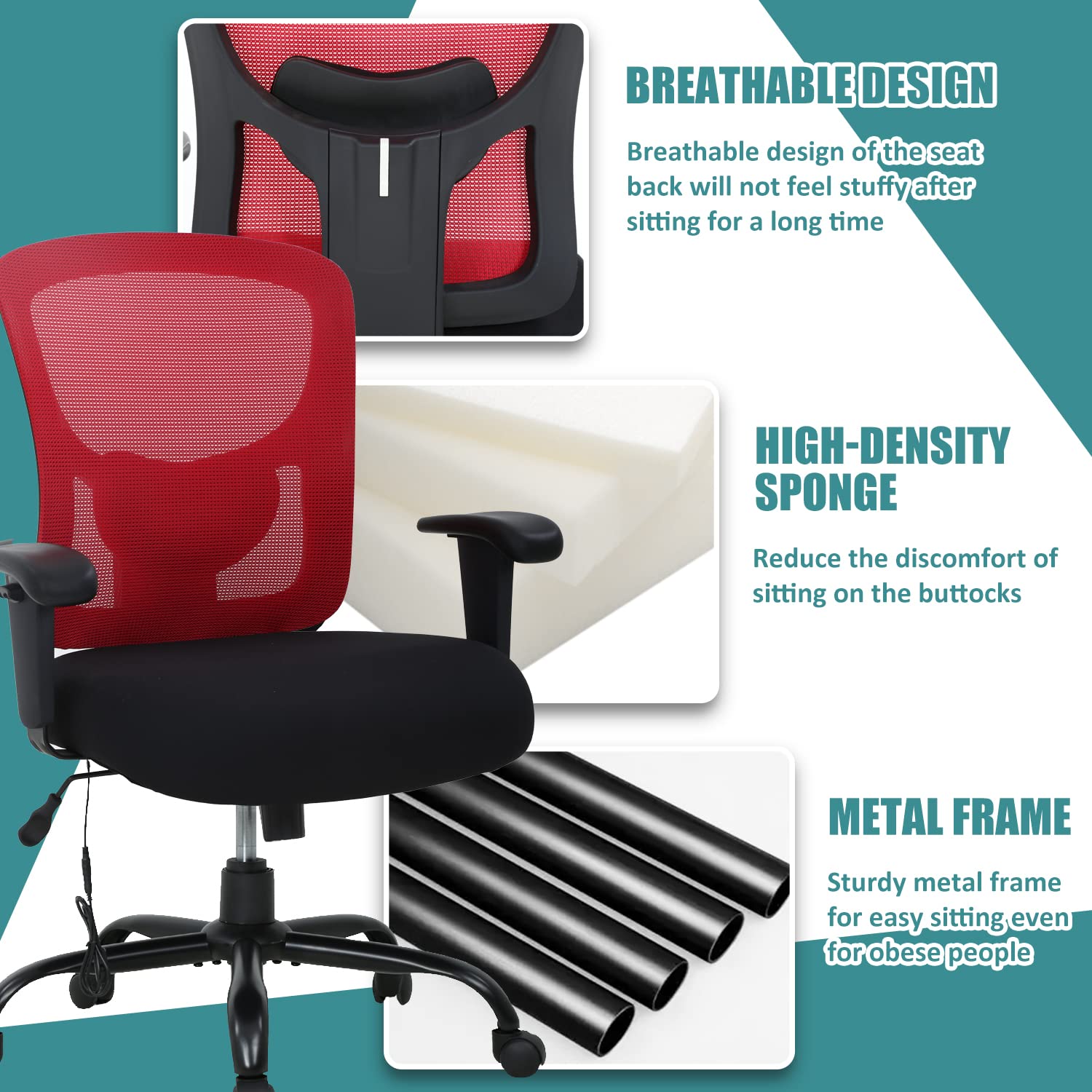 Big and Tall Office Chair for Heavy People 400lbs - Extra Wide Computer Desk Chair with Adjustable Arms & Ergonomic Lumbar Support - Heavy Duty Rolling Chair for Home Office (Red) - Perfect for Long Work Hours & Comfortable Workspace Setup