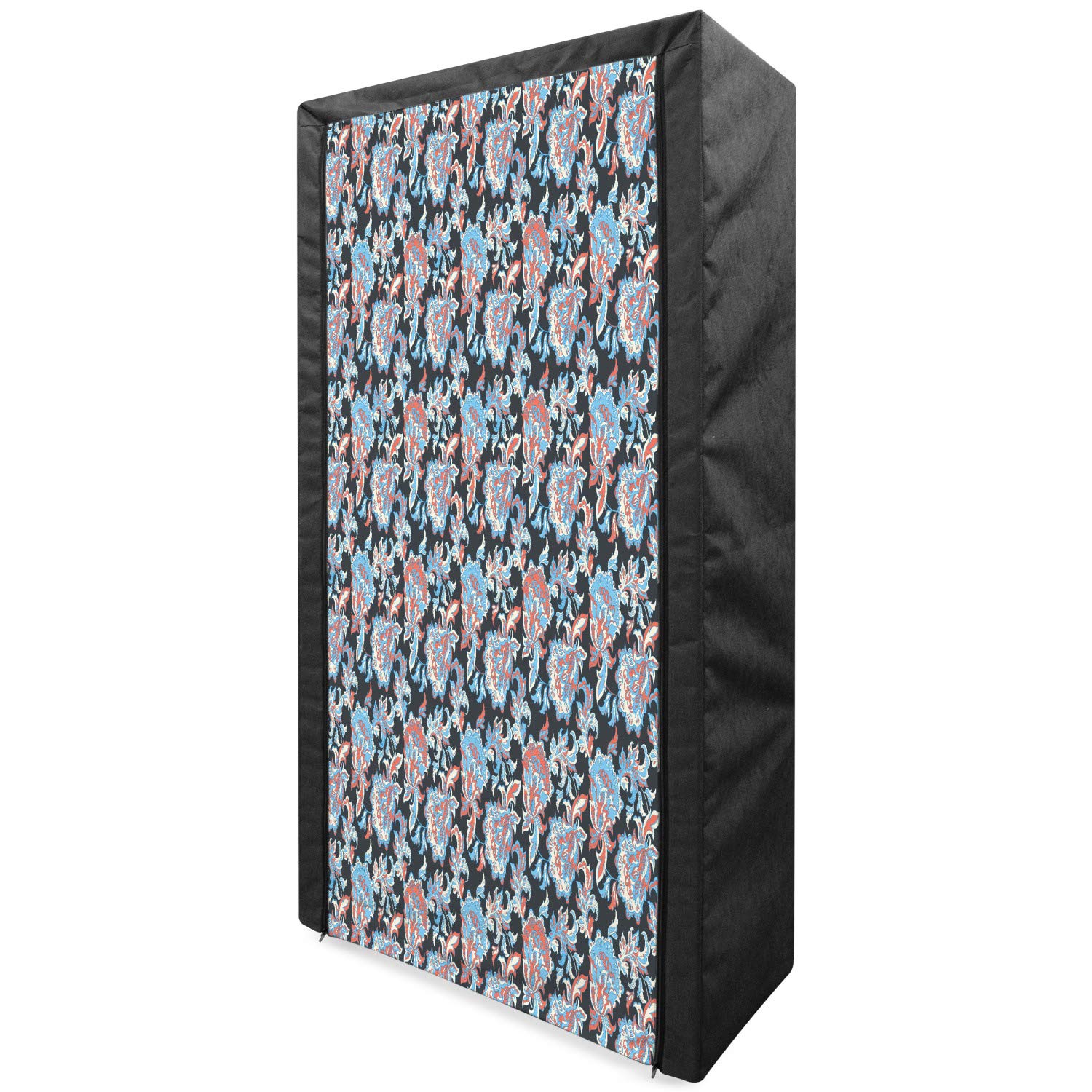 Ambesonne Floral Portable Fabric Wardrobe | Victorian Retro Renaissance Design with Folk Batik Patterns | 33.5 Inch Clothing Organizer & Storage Closet with Shelves | Charcoal Grey & Coral Blue | Perfect for Bedroom, Closet Organization & Small Space Storage