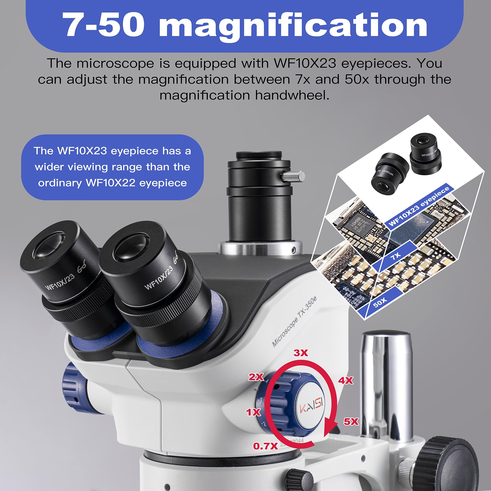 Kaisi TX-350E Professional Trinocular Stereo Soldering Microscope 7X-50X Magnification with WF10x23 Wide Field Eyepieces - Ideal for Electronics Repair, PCB Inspection, and Precision Lab Work
