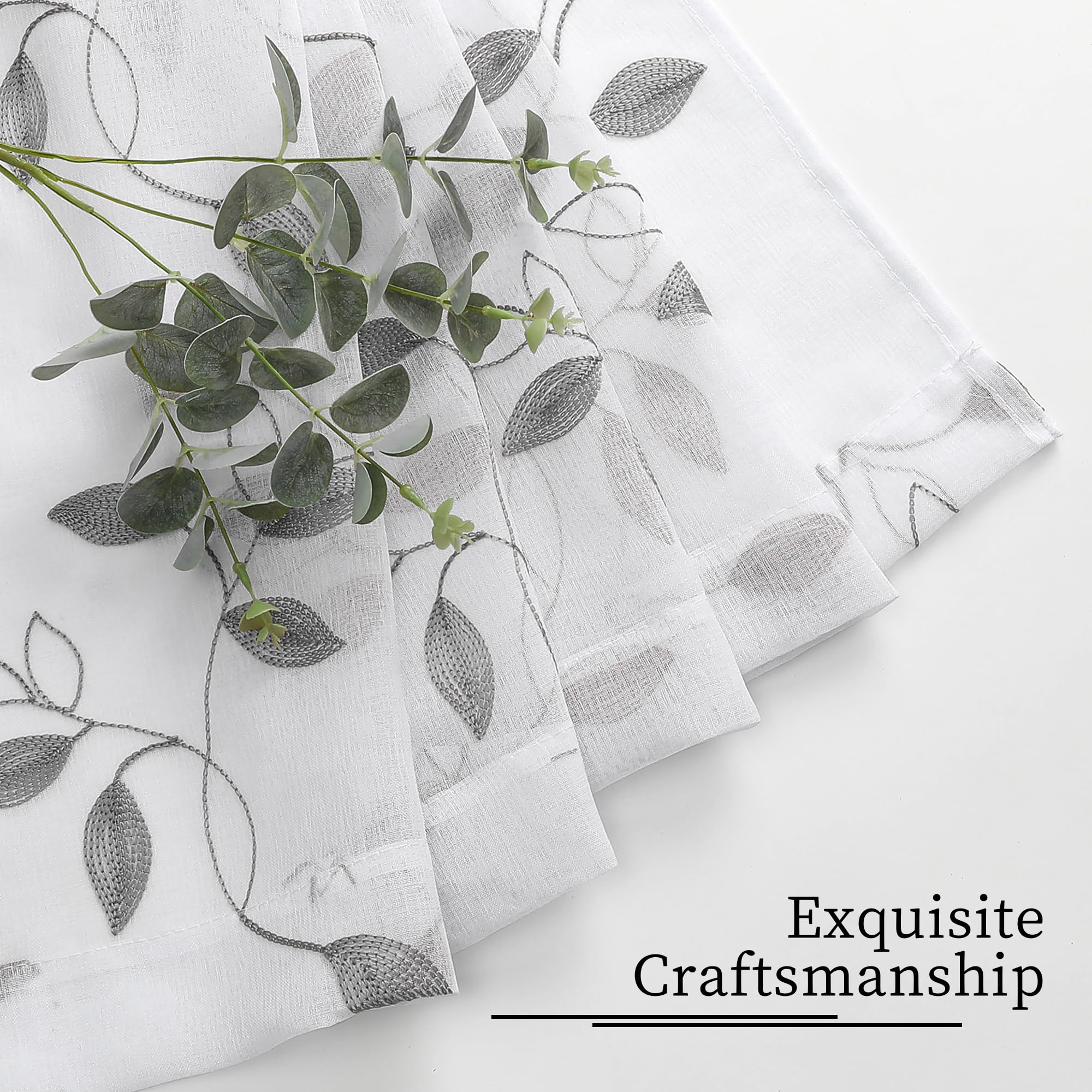 Grey Leaf Sheer Tier Curtains - Embroidered Voile Kitchen & Bathroom Window Panels with Rod Pocket, 30 x 24 Inches, Set of 2 - Perfect for Home, Cafe, and Office Decor