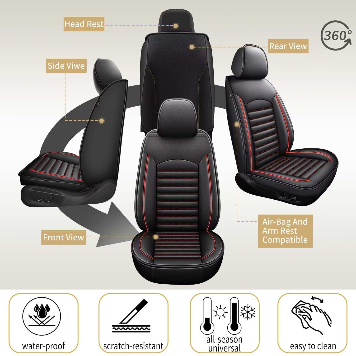 Toyota Tacoma 2009-2024 Seat Covers - Faux Leather 5-Piece Waterproof Car Seat Protectors for 4-Door Models (Red Line) | Perfect for Road Trips, Daily Commutes & Off-Road Adventures