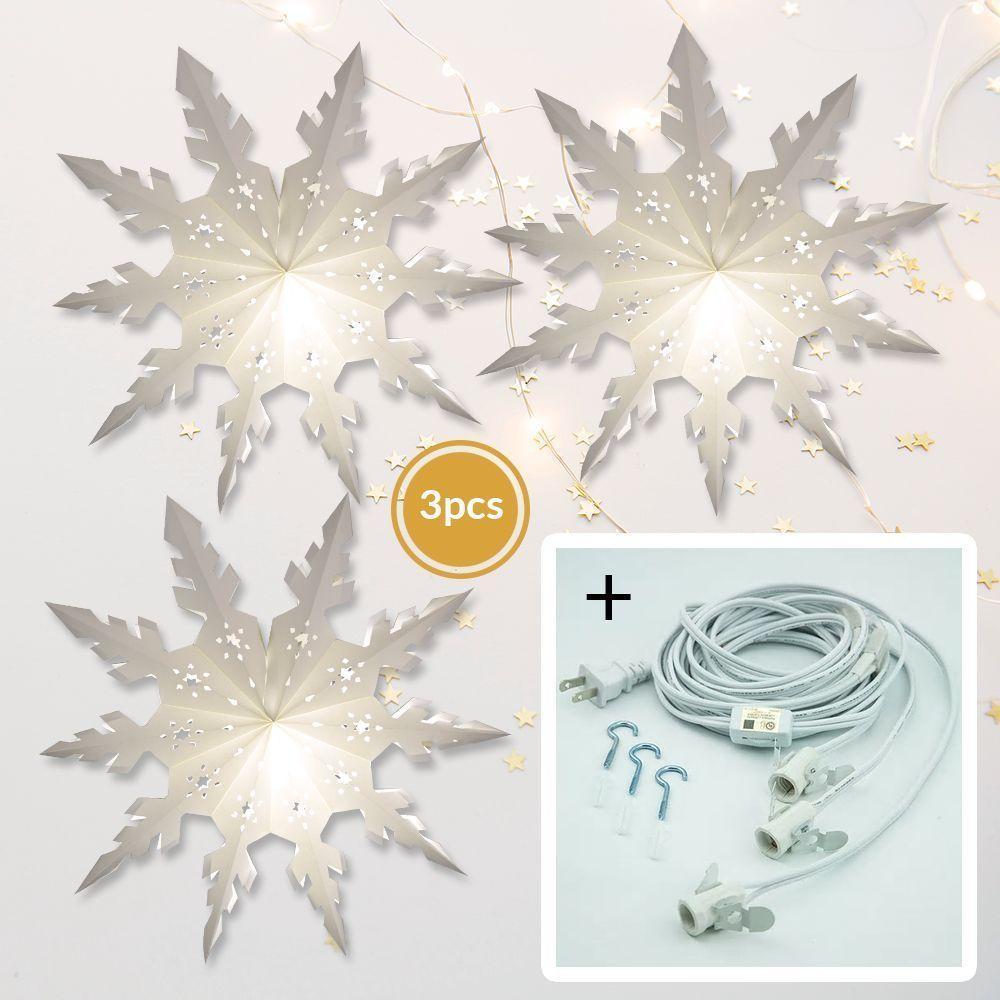 3-Pack White Winter Peppermint 32-Inch Pizzelle Designer LED Star Lanterns - Illuminated Paper Decor with Bulbs & Cord - Perfect for Christmas, Holiday, and Winter Home Decor