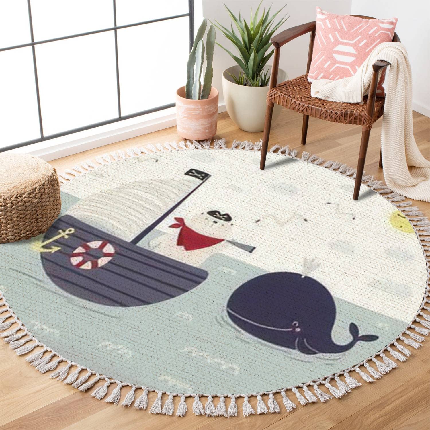 Boho Round Rug with Cute Bear Pirate & Sailboat Design - Ocean Themed Linen Area Rug for Kids Room, Living Room, Patio or Hallway - Minimalist Home Decor & Durable Floor Mat for Indoor/Outdoor Use